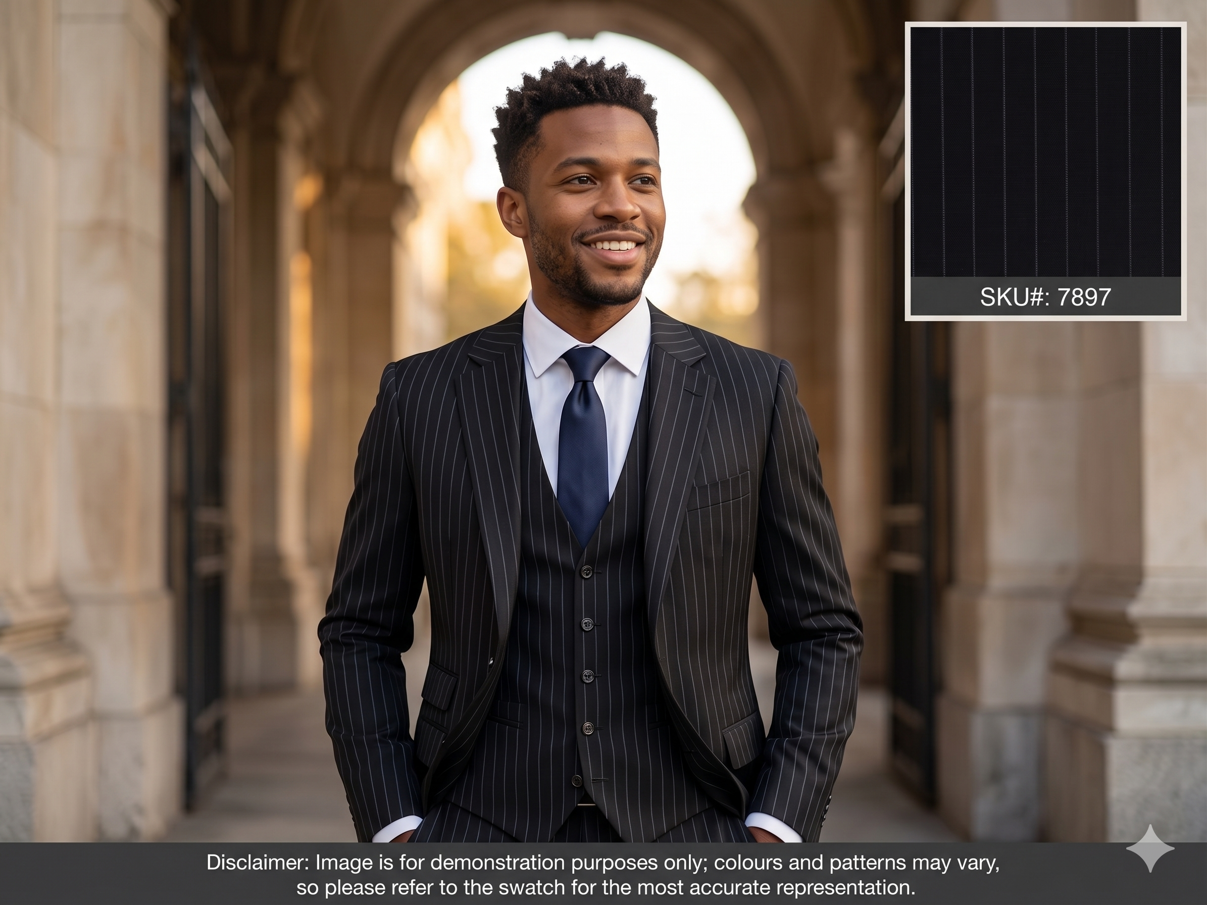 Navy Blue and Powder Blue Striped Wool Worsted