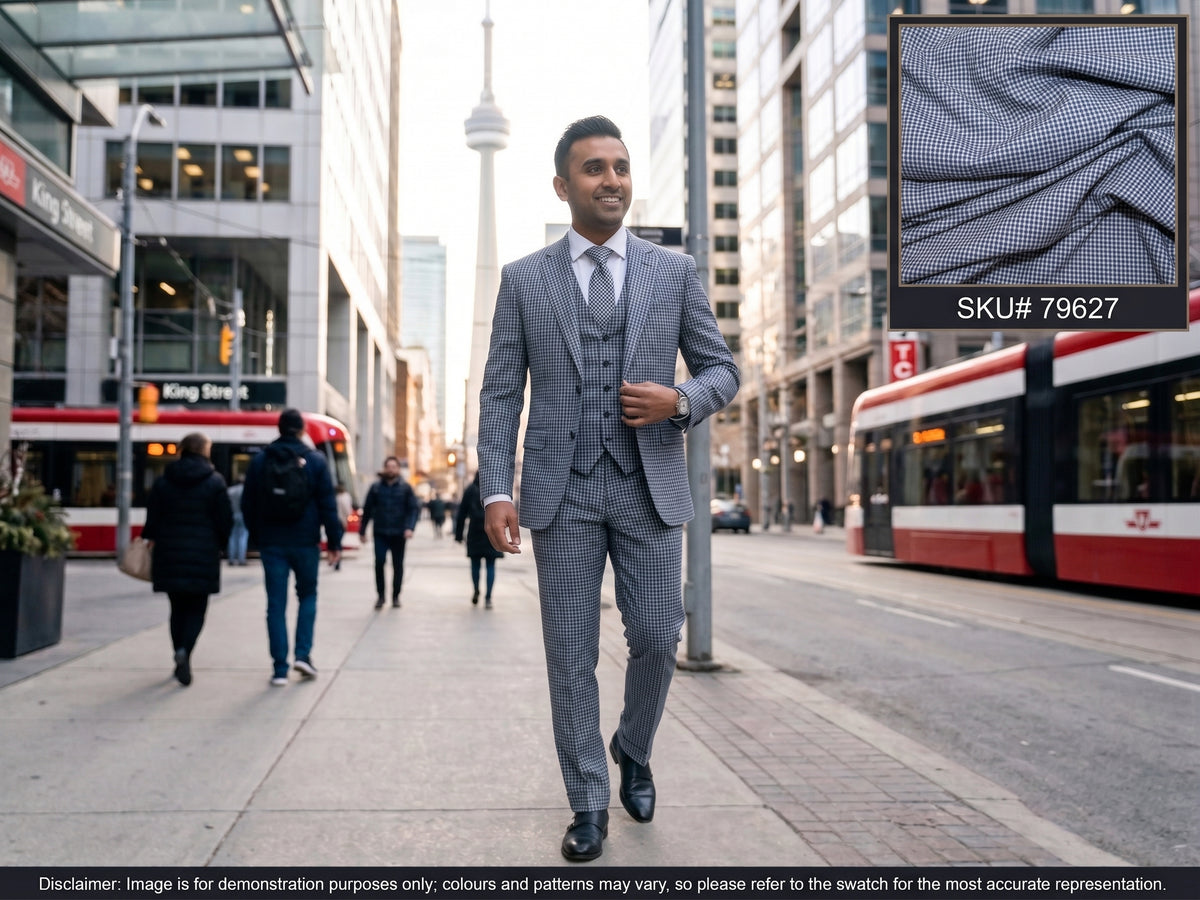 Navy White Check Worsted Wool Suiting