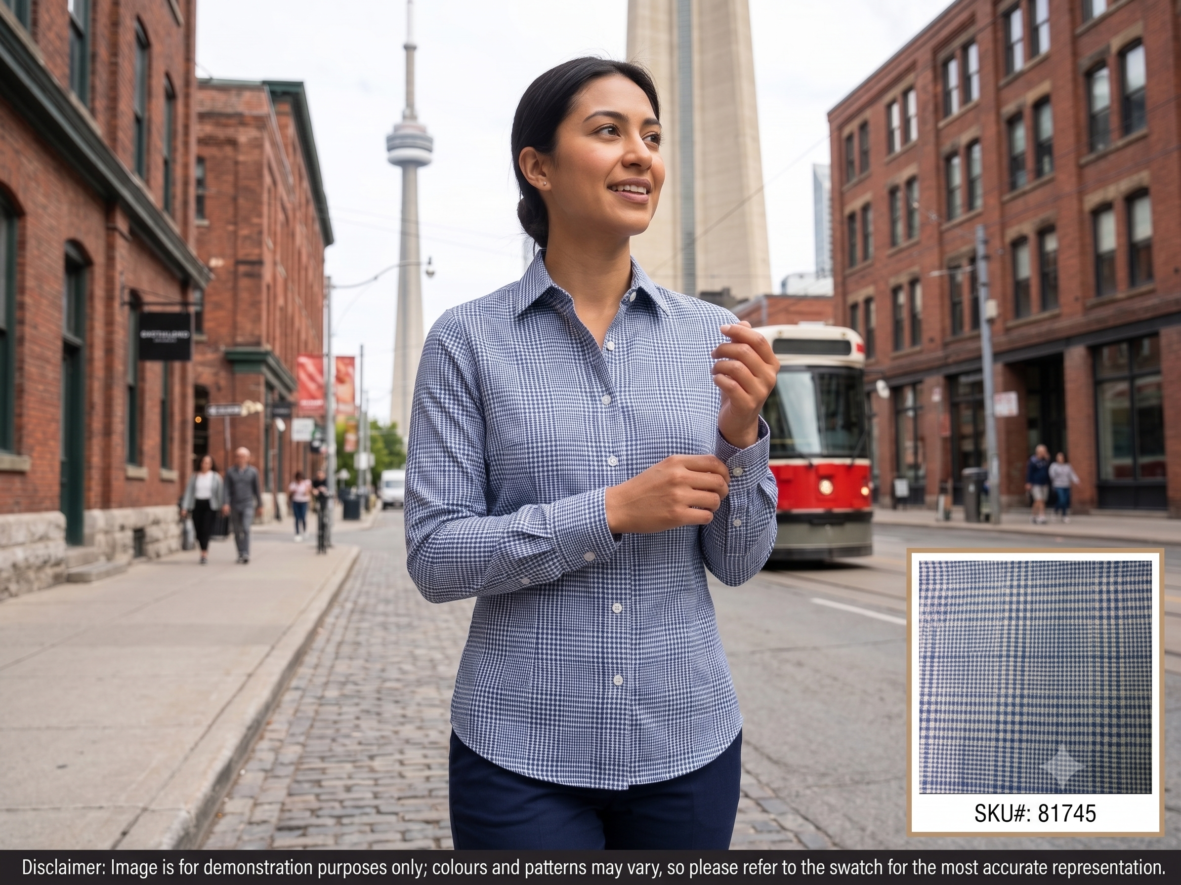 Woman with Blue White Check Cotton Linen Shirting
