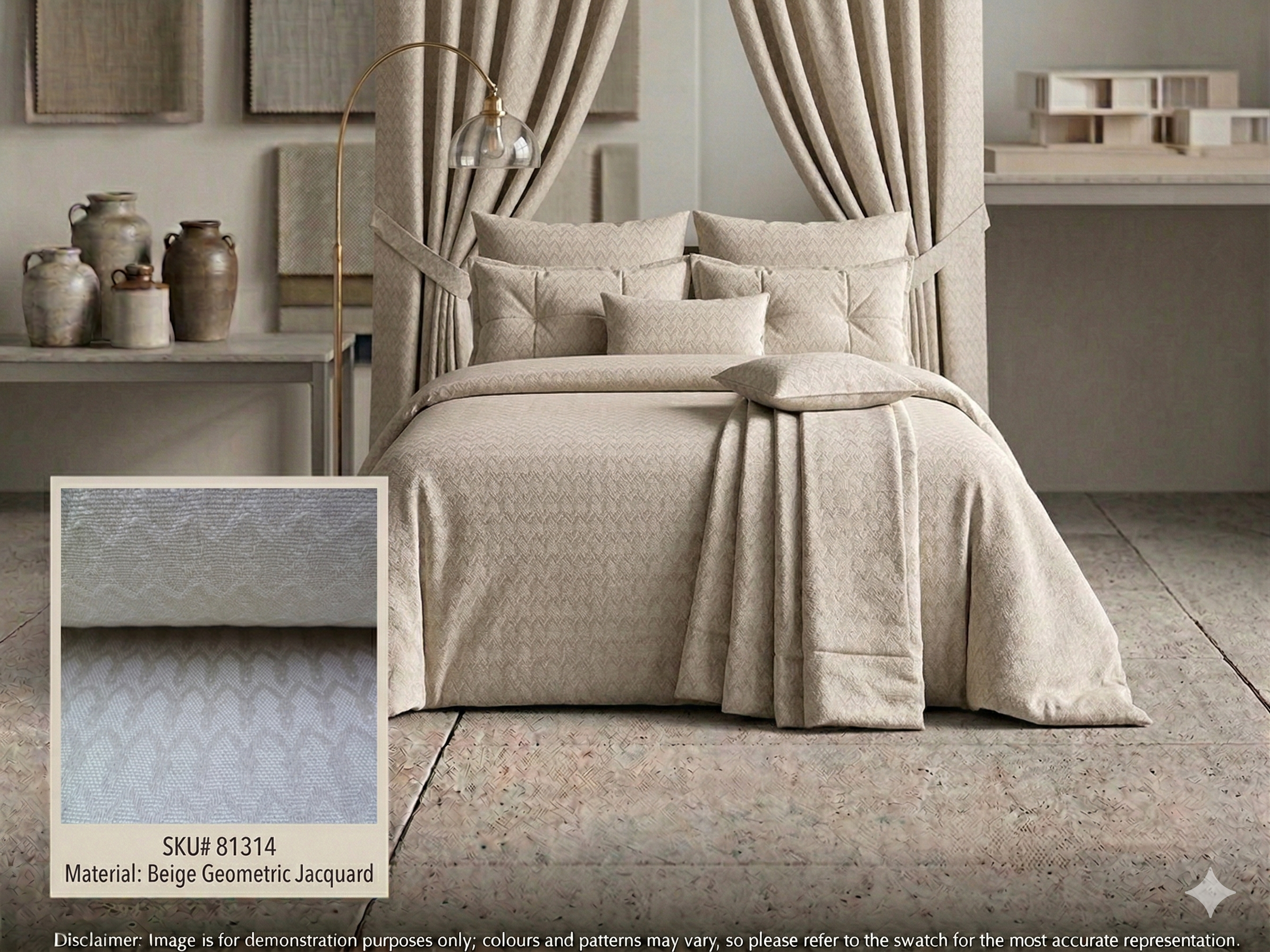 Bed with Beige Jacquard Linen Interior