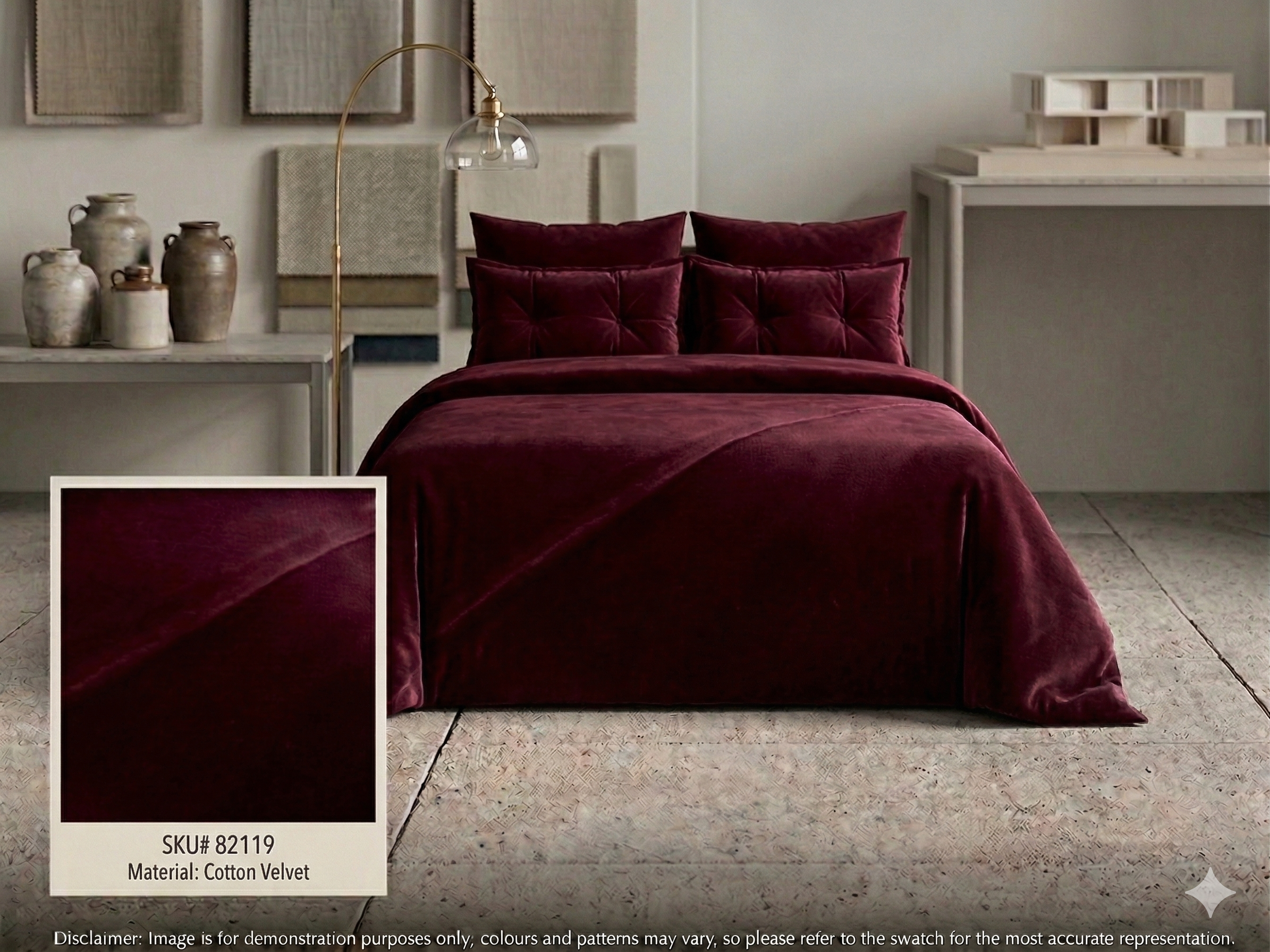 Bed with Burgundy Red Plain Cotton Velvet Interior