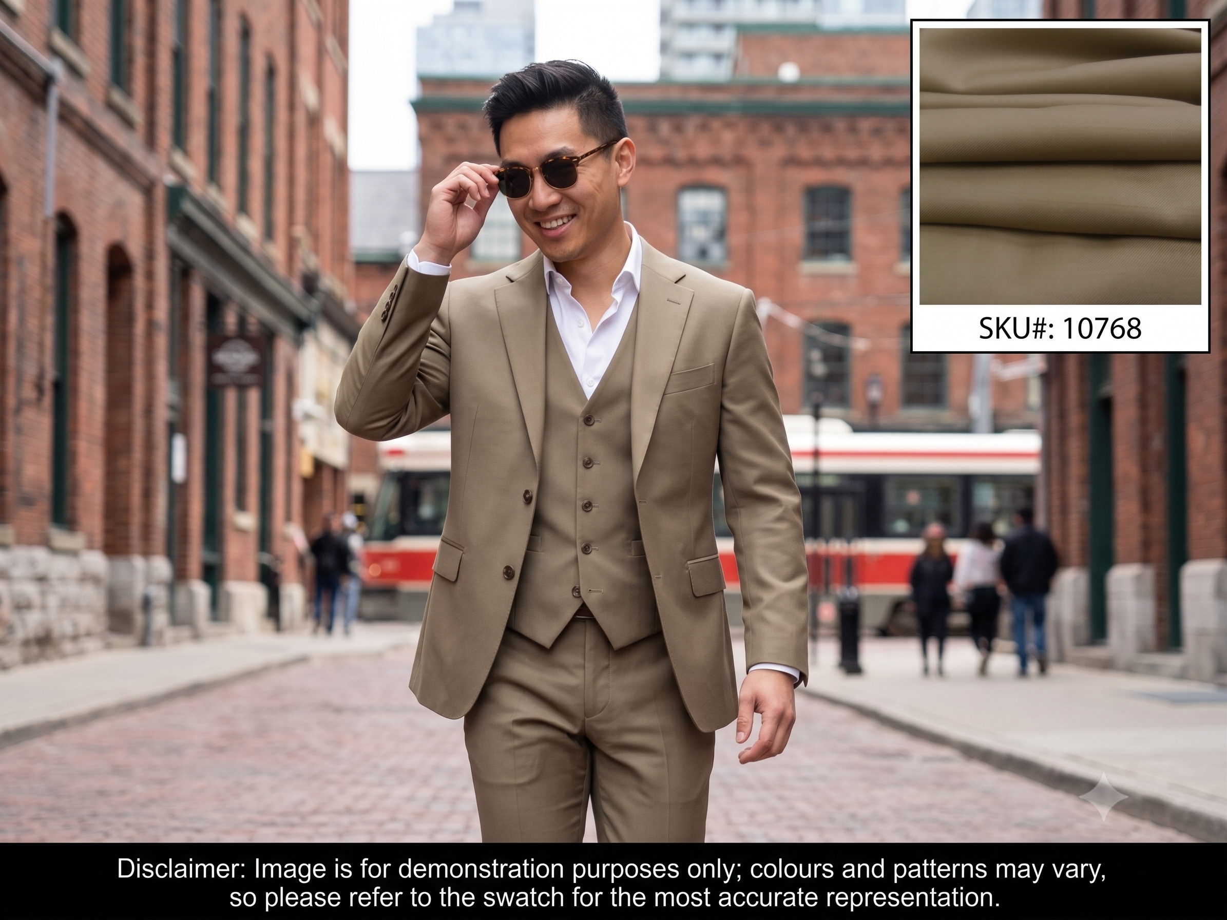 Man with Beige Plain Worsted Wool Suiting