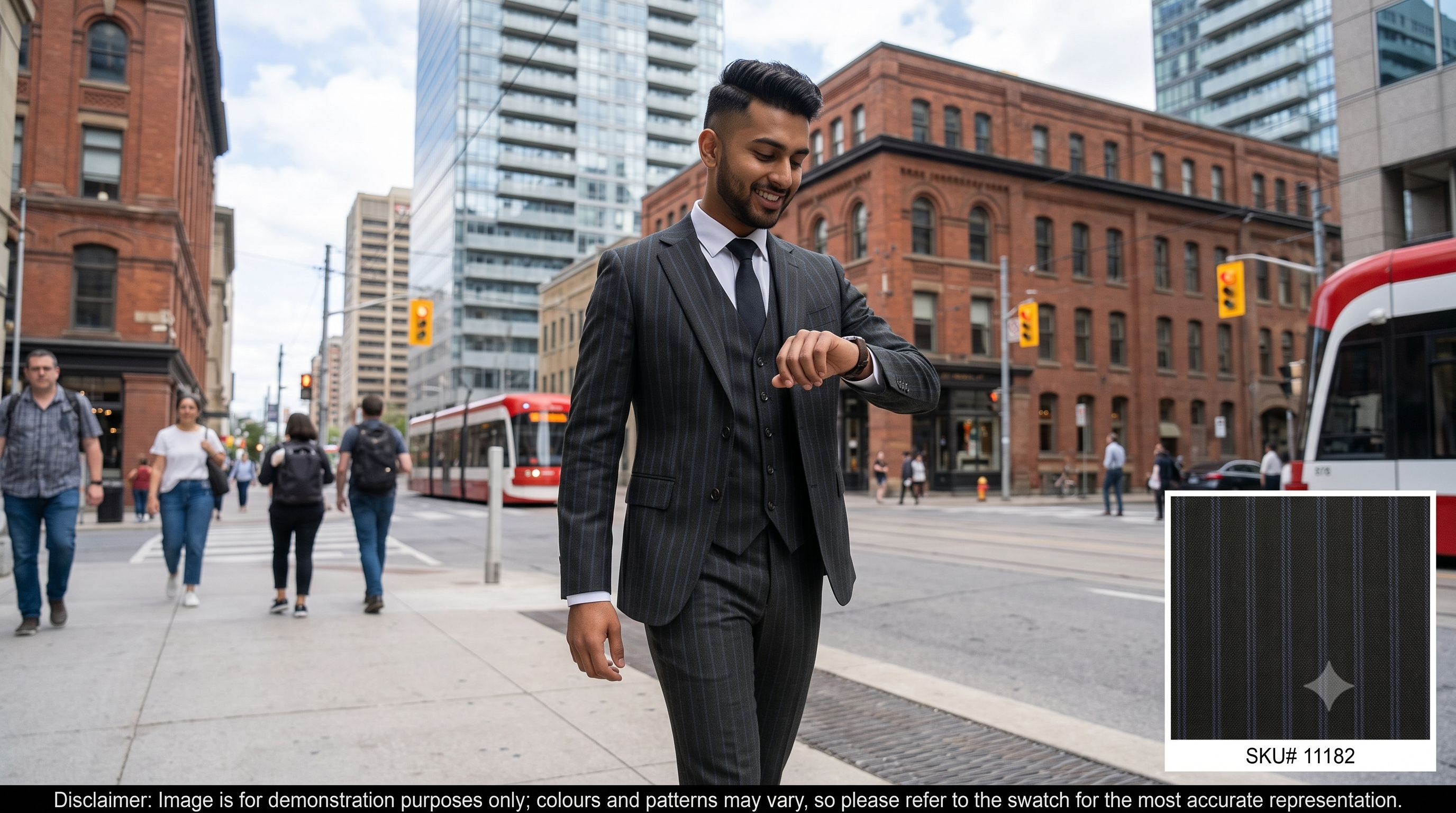 Man with Black Blue Stripe Wool Suiting