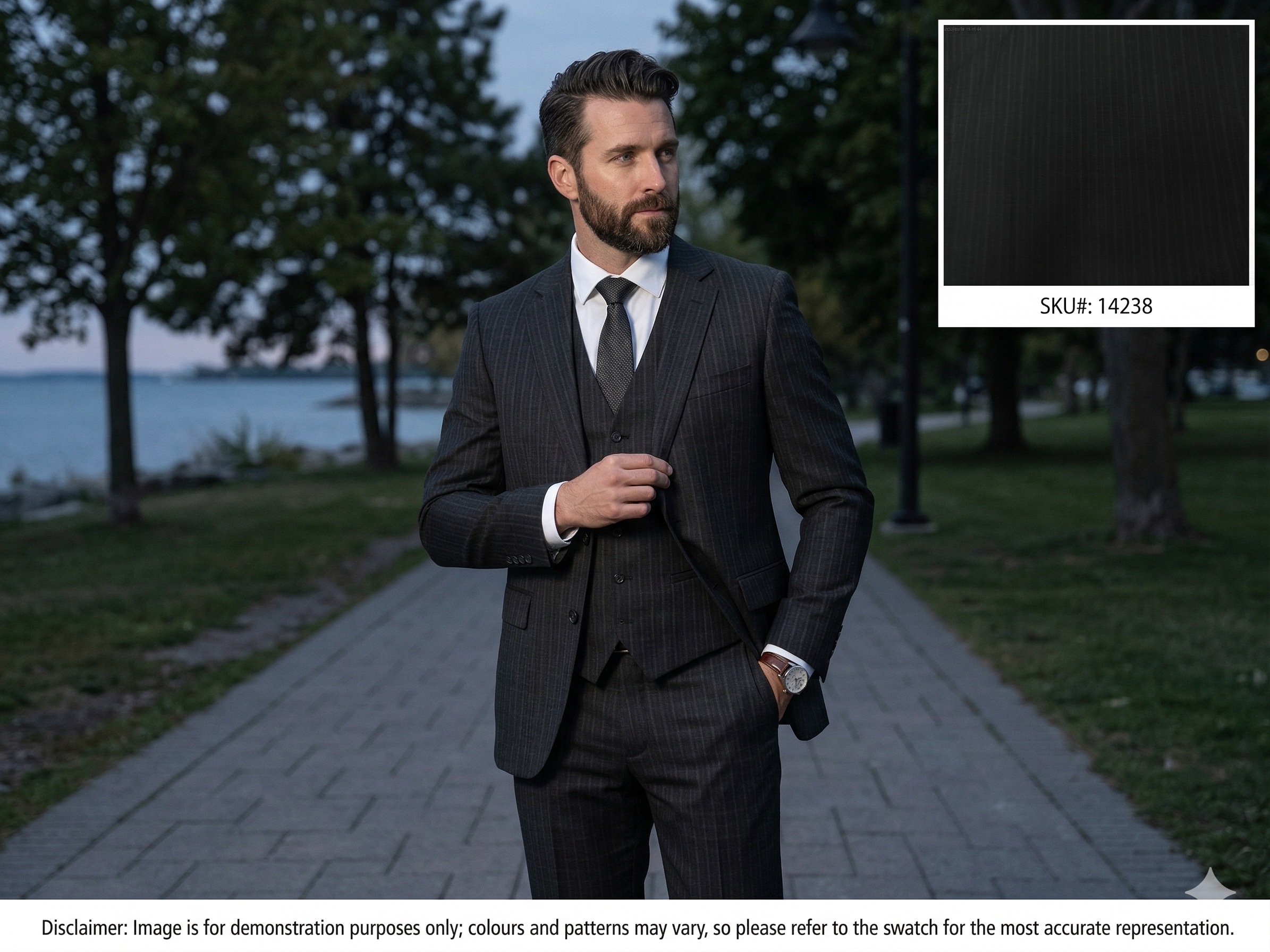Man with Black Grey Stripe Worsted Wool Suiting