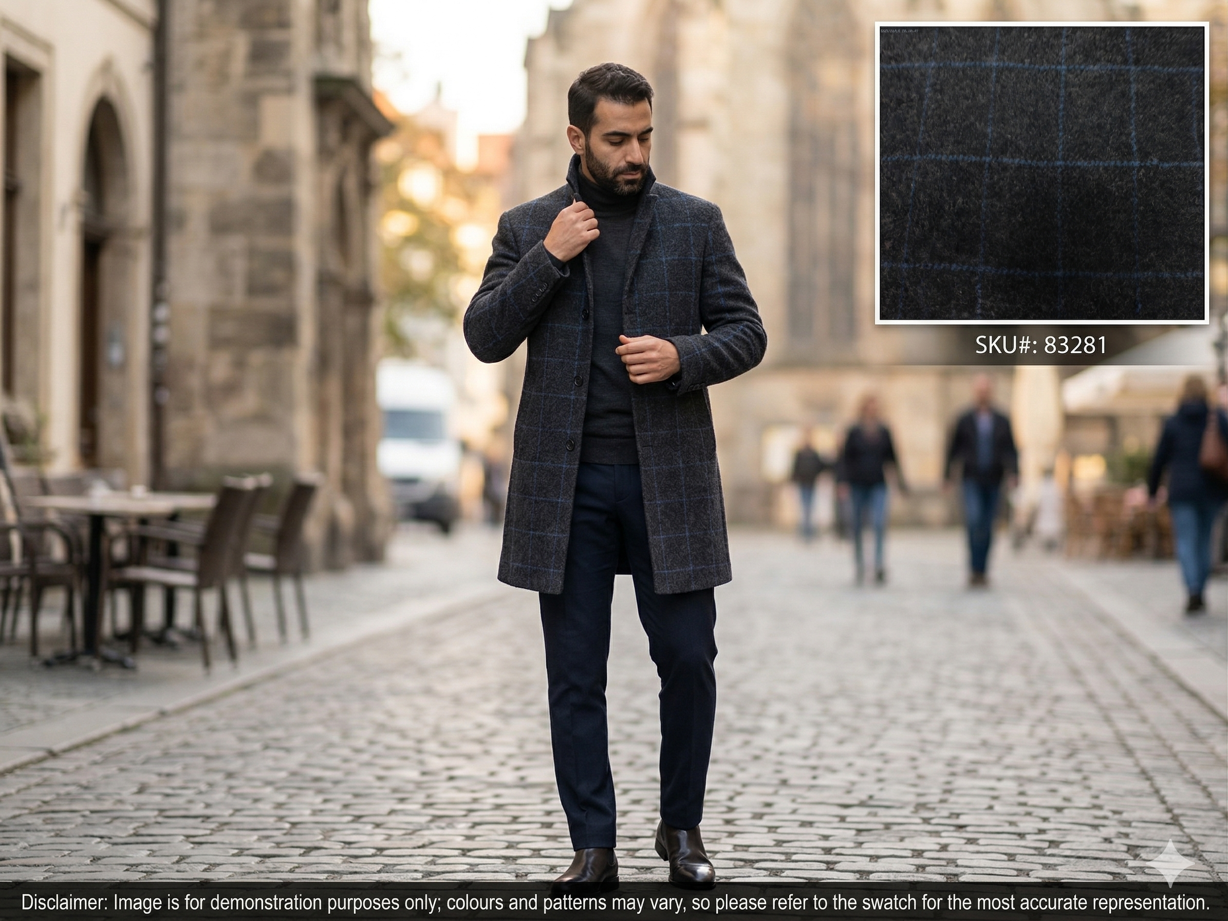 Man with Blue Grey Check Wool Coating