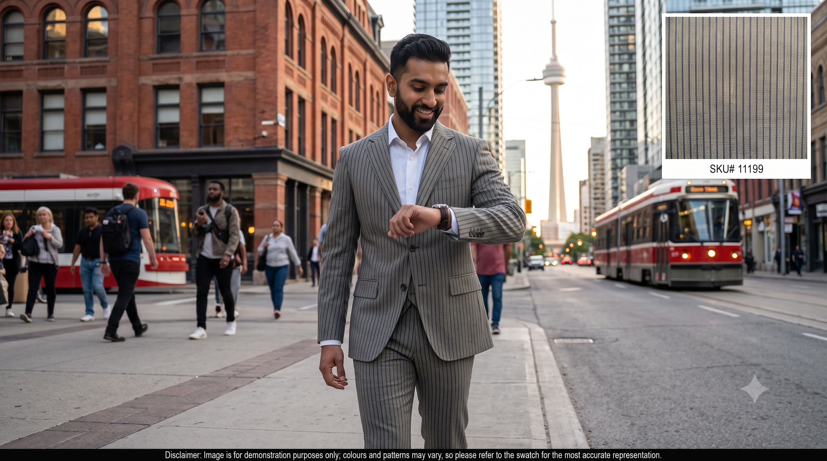 Man with Blue Grey Stripe Wool Suiting
