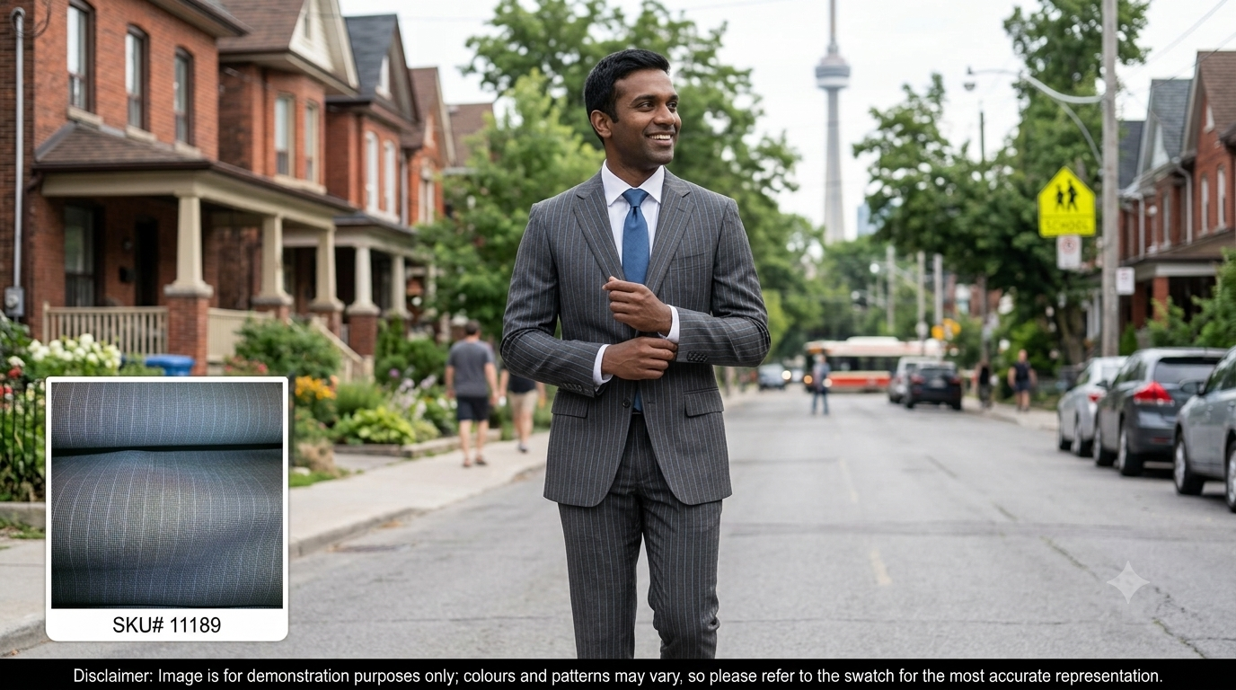 Man with Blue Grey Stripe Worsted Wool Blazer Suiting