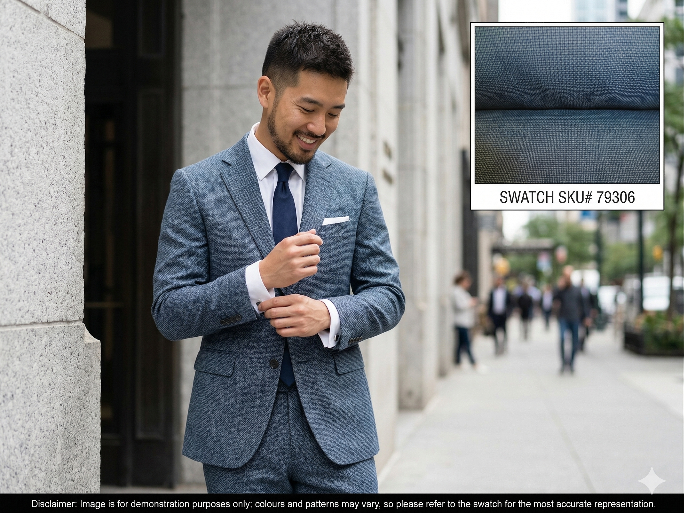 Man with Blue Sharkskin Silk Linen Wool Blazer Suiting