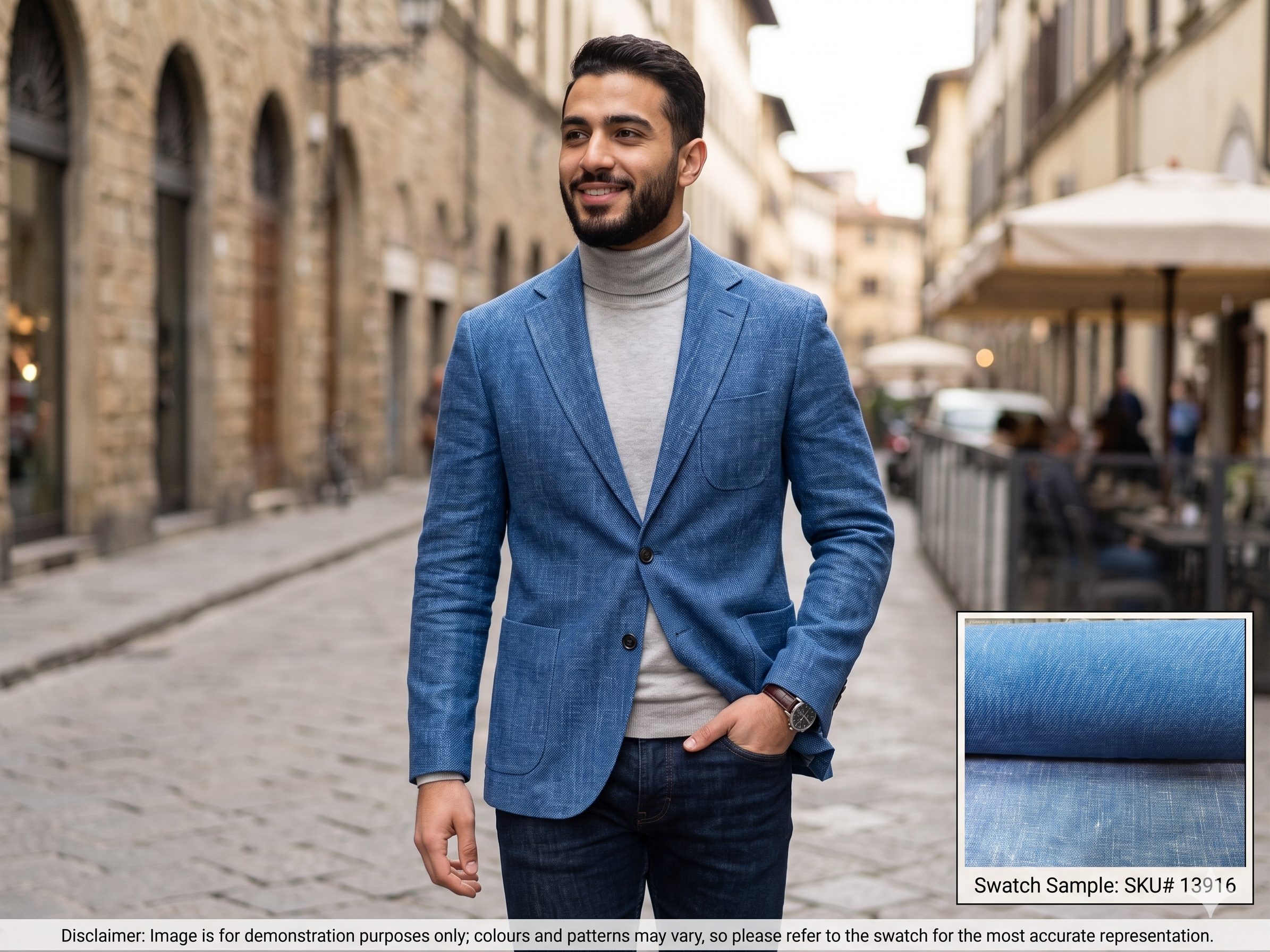 Man with Blue Sharkskin Silk Linen Wool Suiting