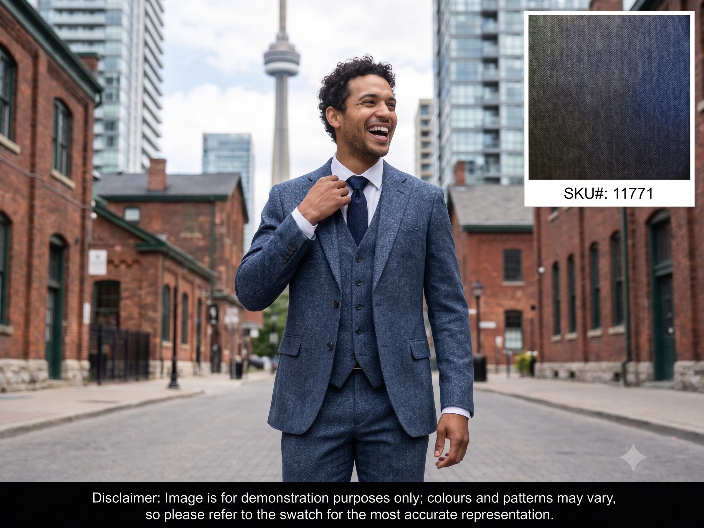 Man with Blue Tonal Herringbone Wool Suiting