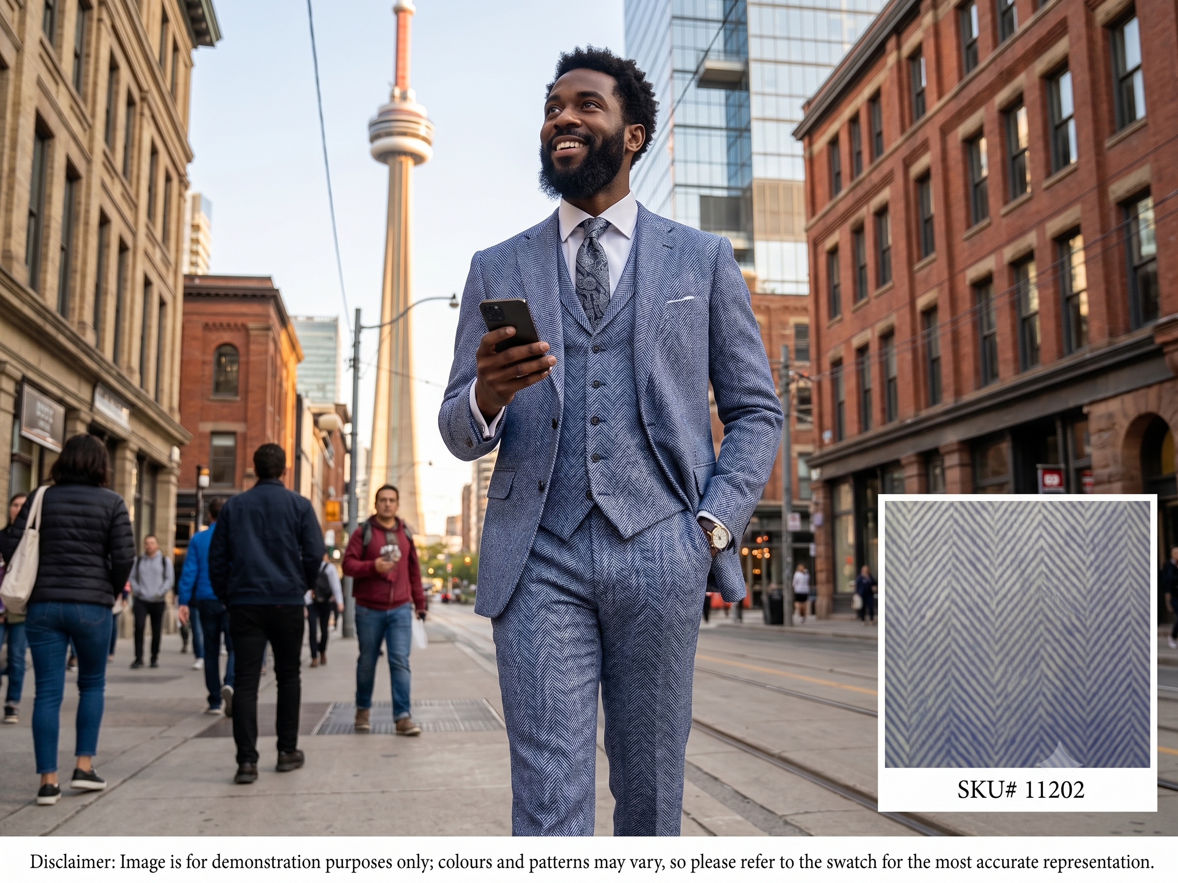 Man with Blue White Herringbone Worsted Wool Suiting