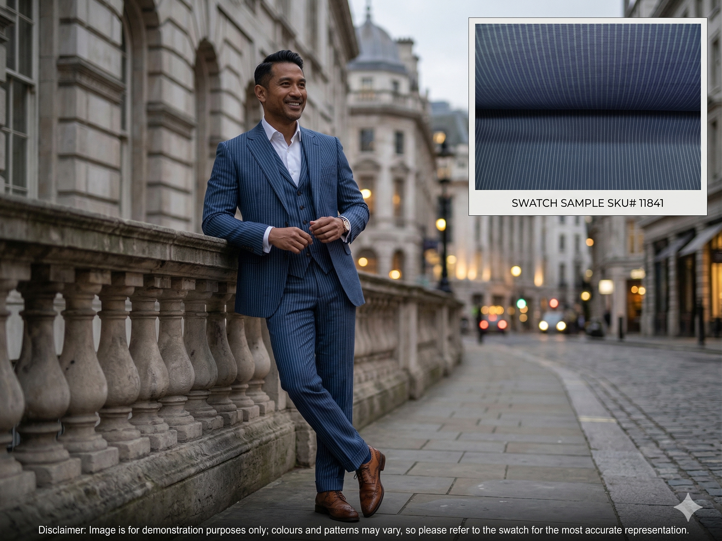 Man with Blue White Stripe Worsted Wool Suiting