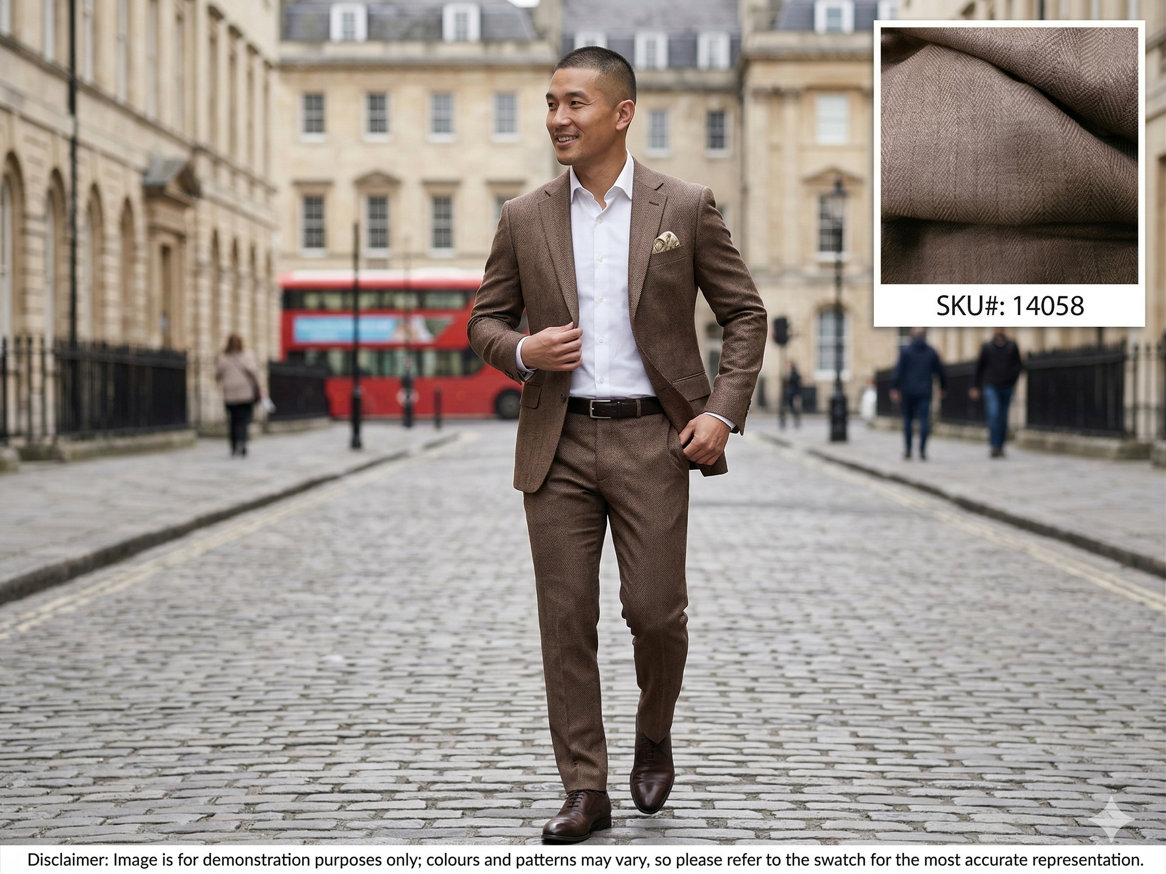 Man with Brown Herringbone Silk Linen Wool Suiting