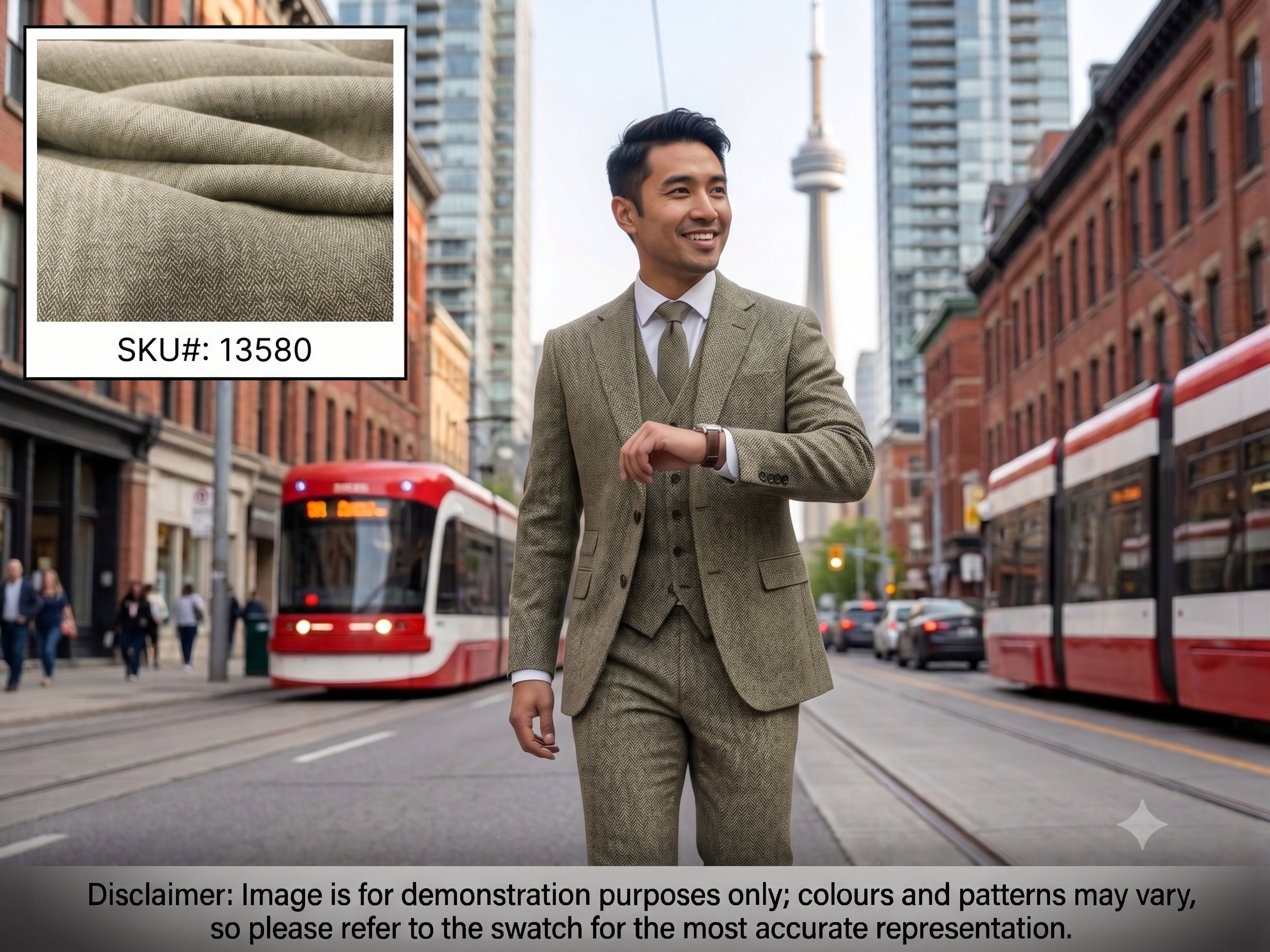 Man with Cream Green Herringbone Linen Silk Suiting