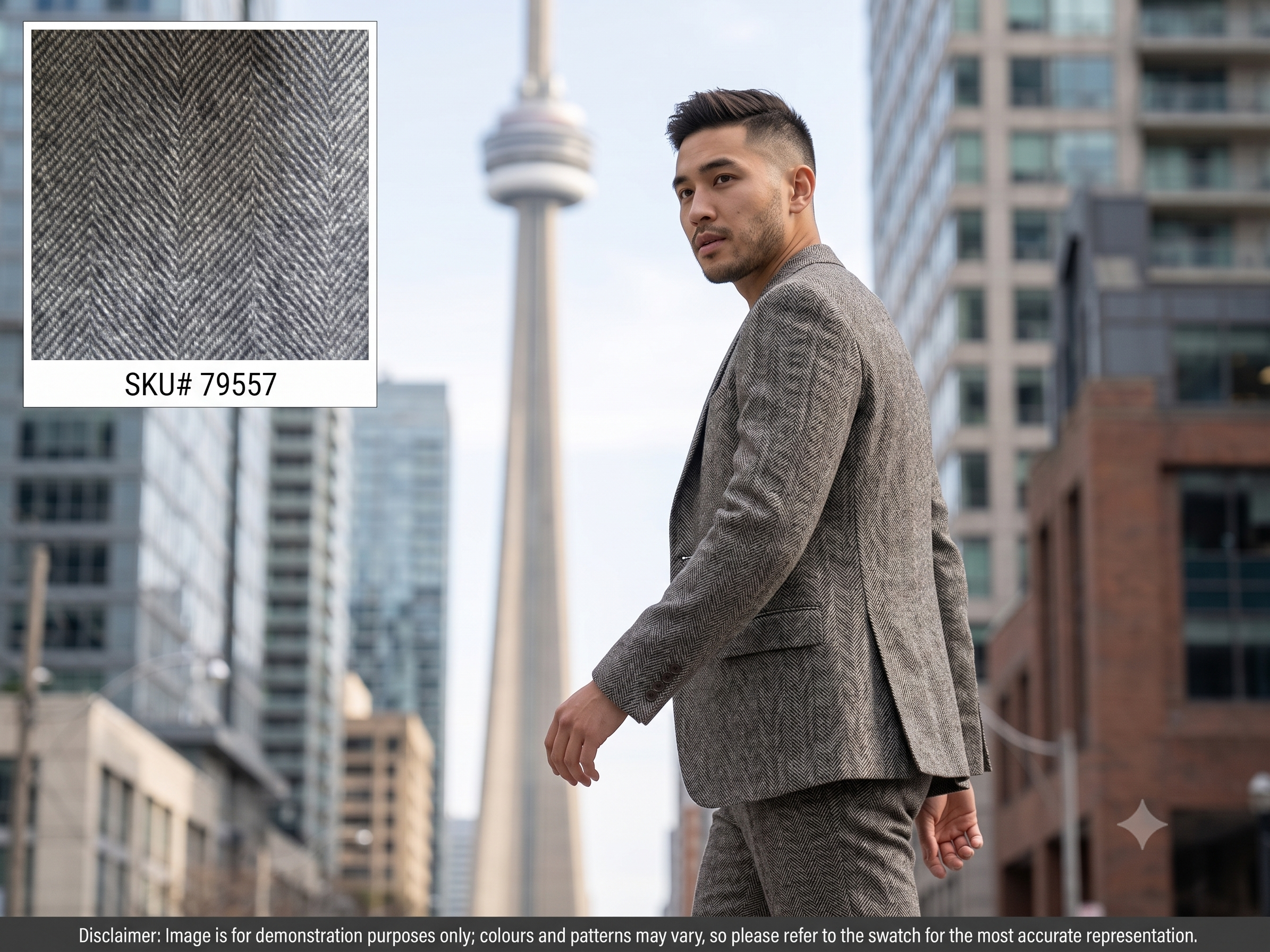 Man with Grey Black Herringbone Wool Blazer Suiting