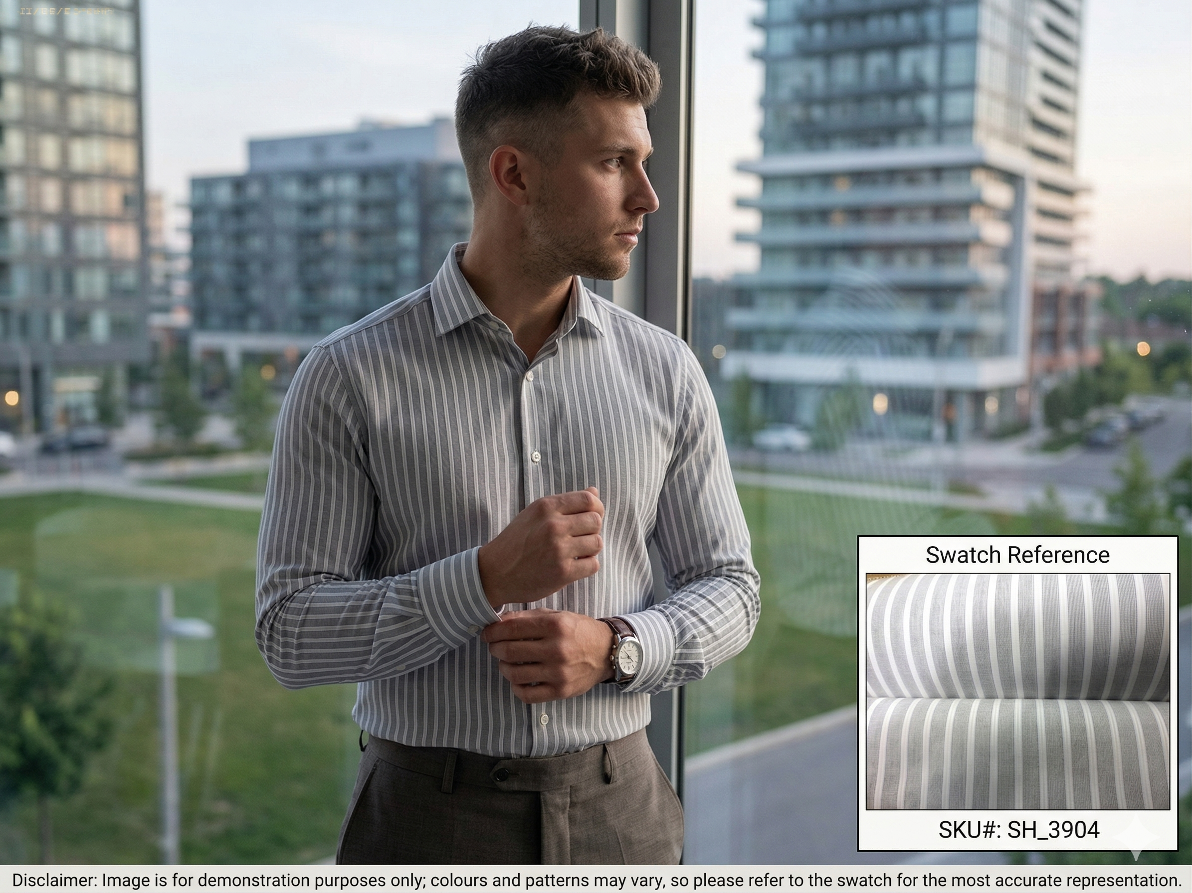 Man with Grey White Bengal Stripe Egyptian Cotton Shirting