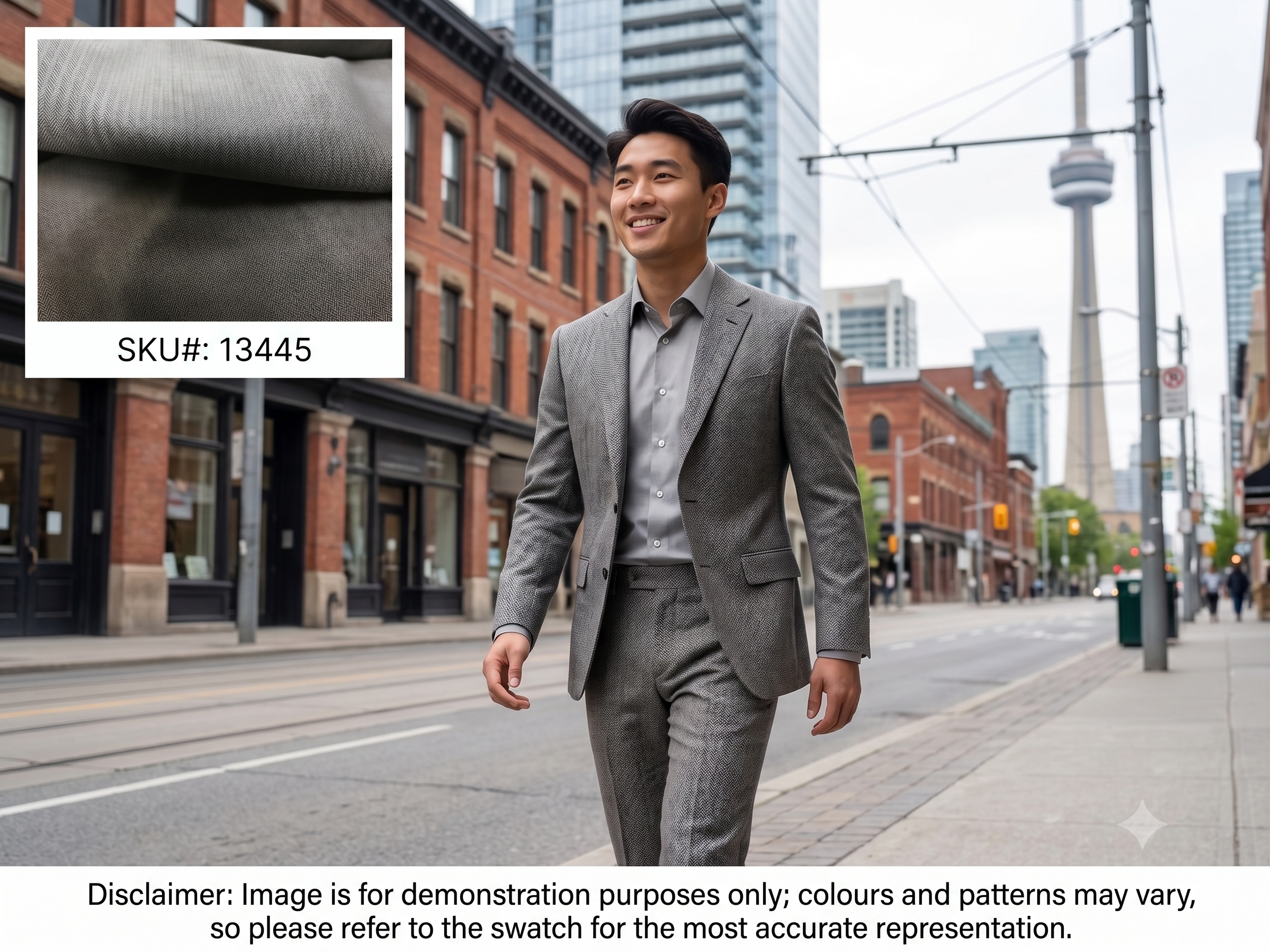 Man with Grey White Herringbone Silk Wool Mohair Suiting