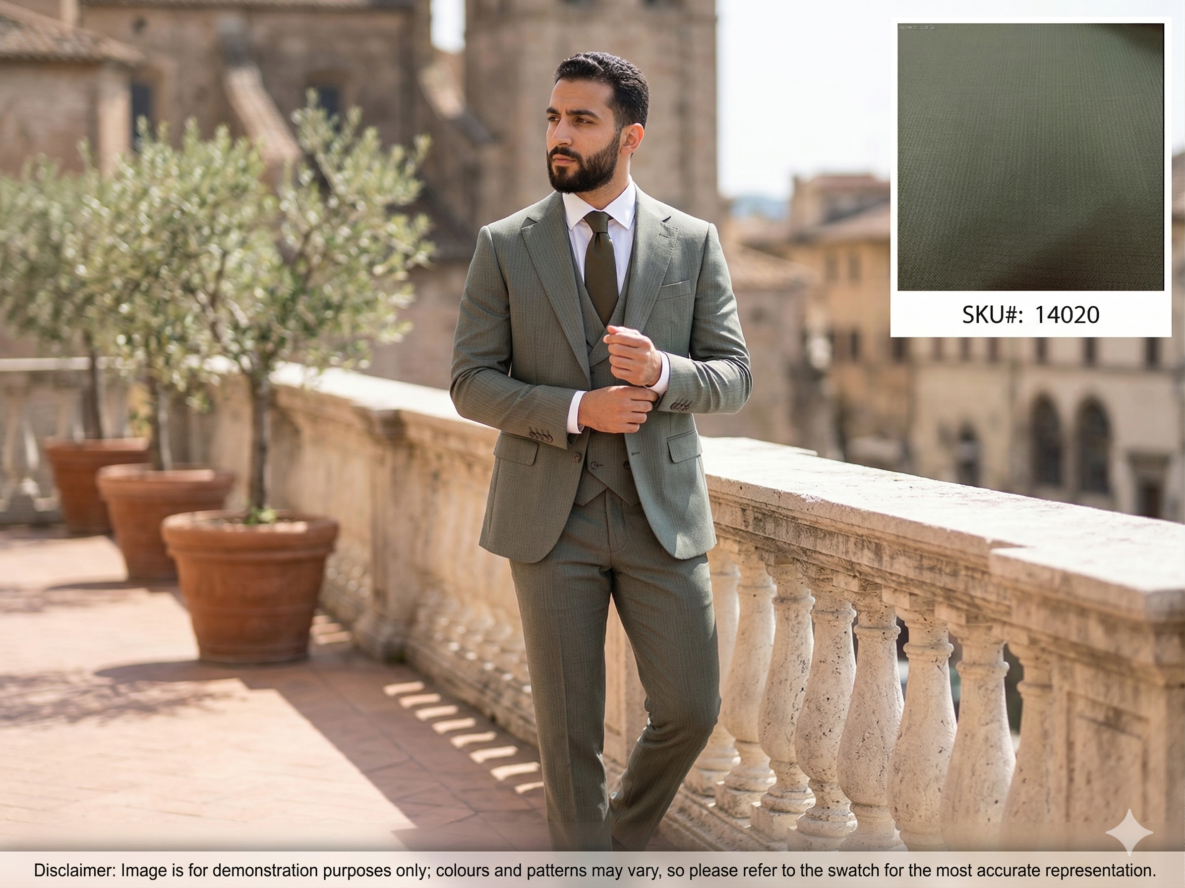 Man with Khaki Green Plain Worsted Wool Suiting