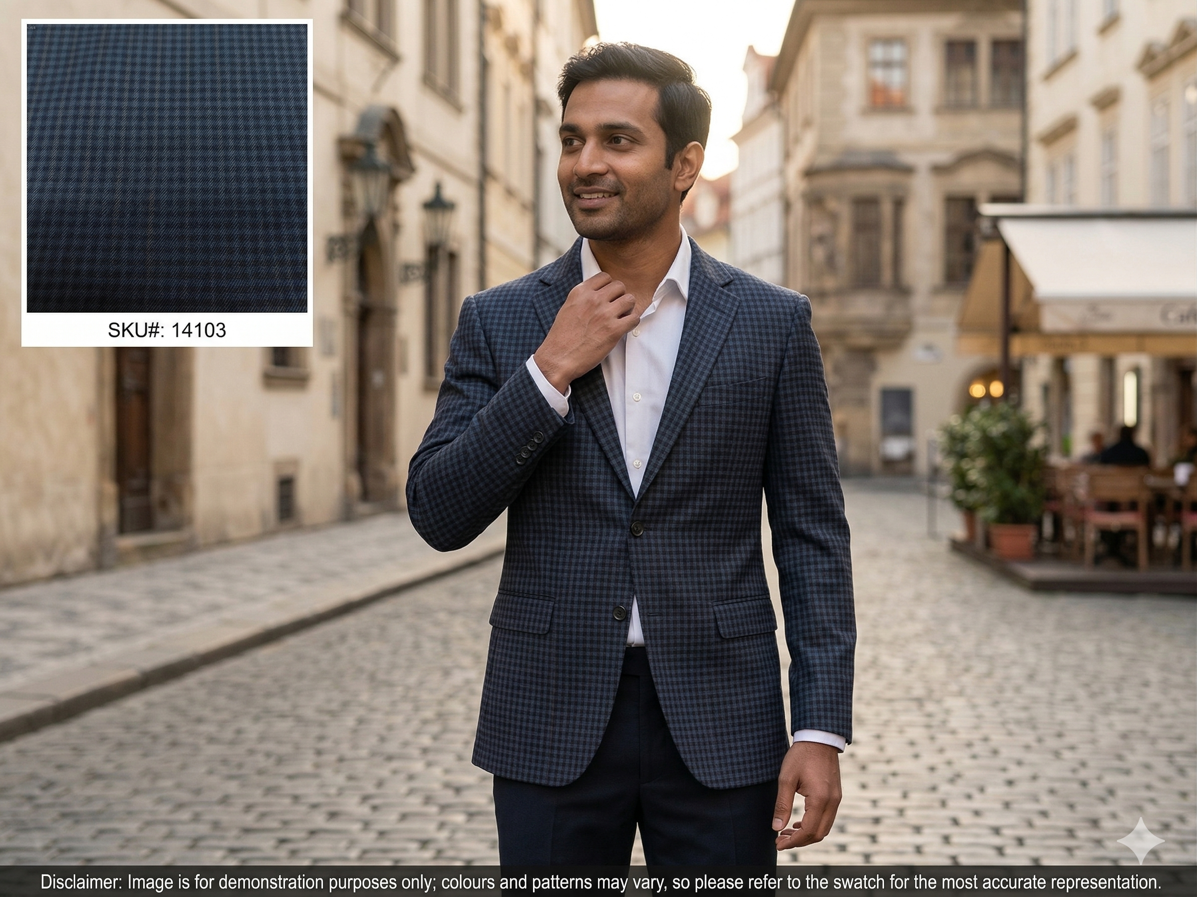 Man with Navy Dark Taupe Check Wool Cashmere Blazer Suiting