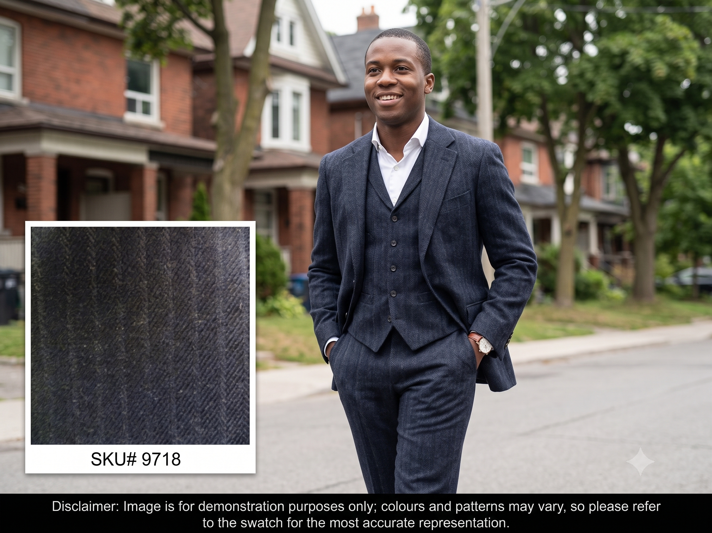 Man with Navy Grey Stripe Wool Suiting