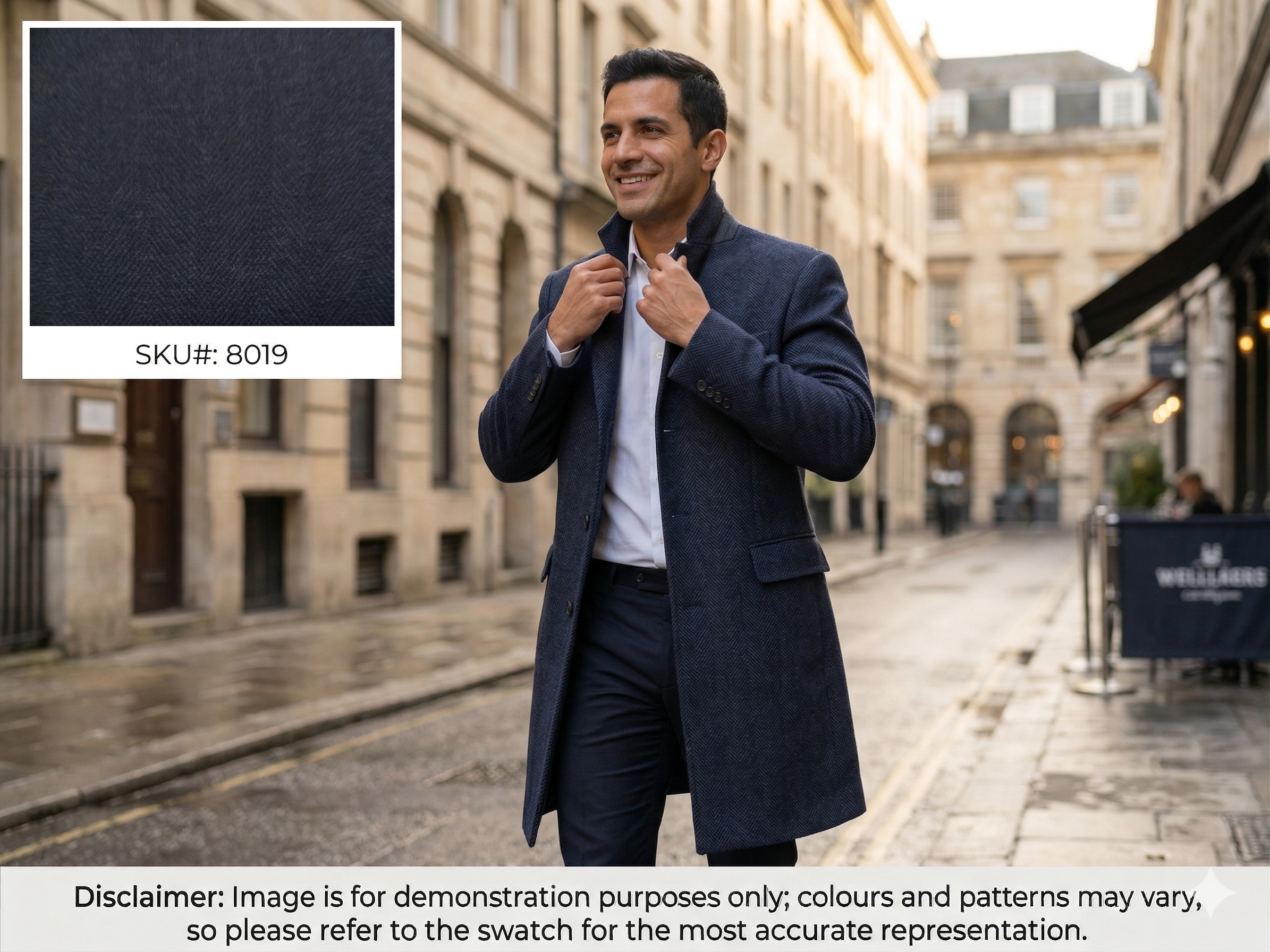 Man with Navy Herringbone Cashmere Blazer Coating