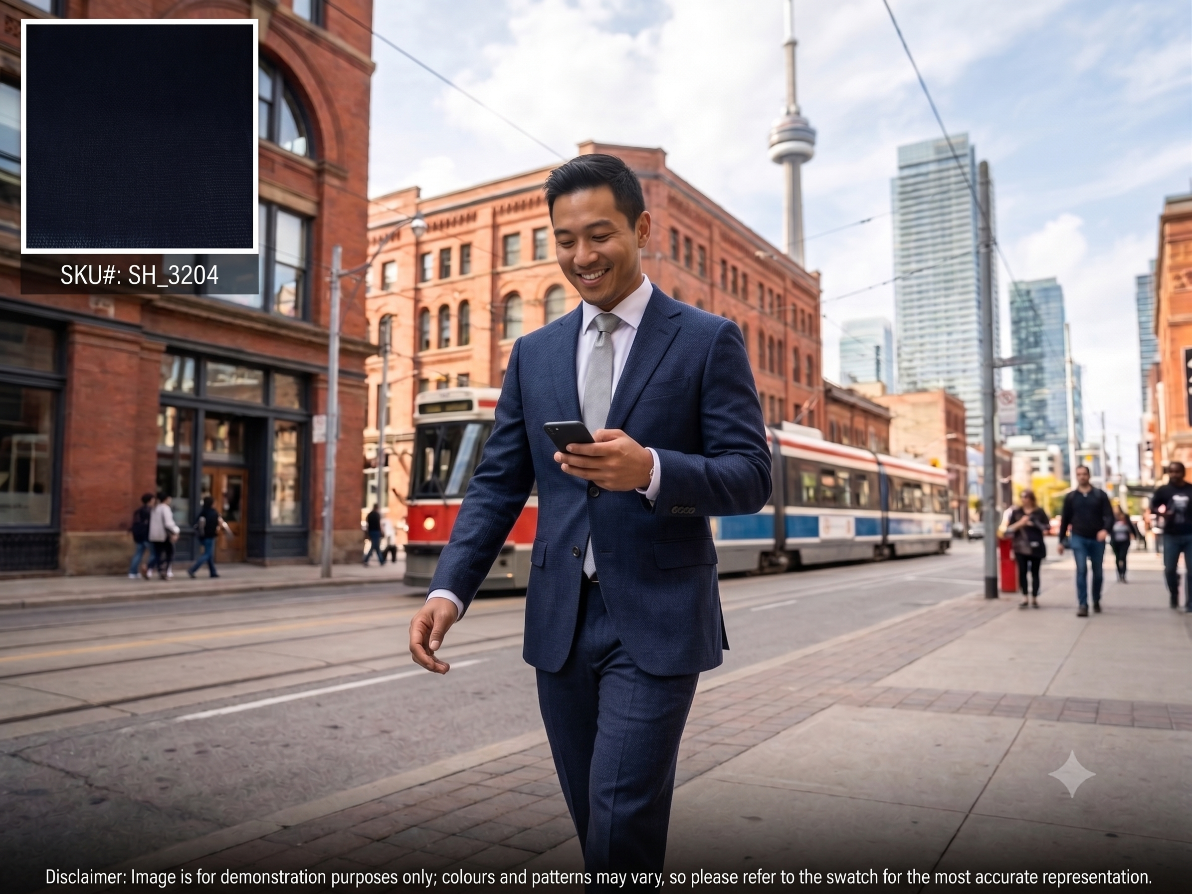 Man with Navy Sharksin Linen Silk Suiting
