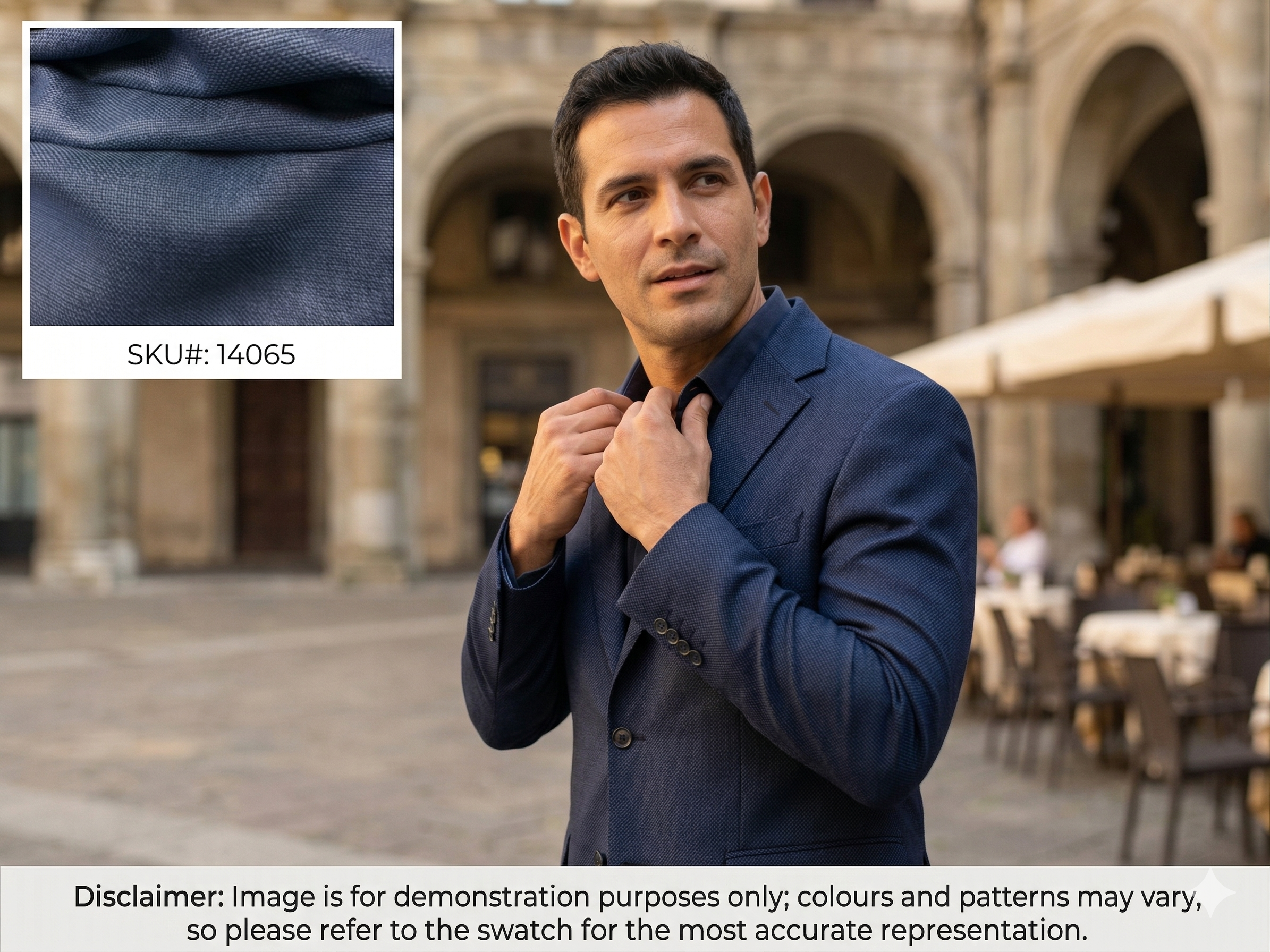 Man with Navy Sharkskin Silk Linen Blazer Suiting