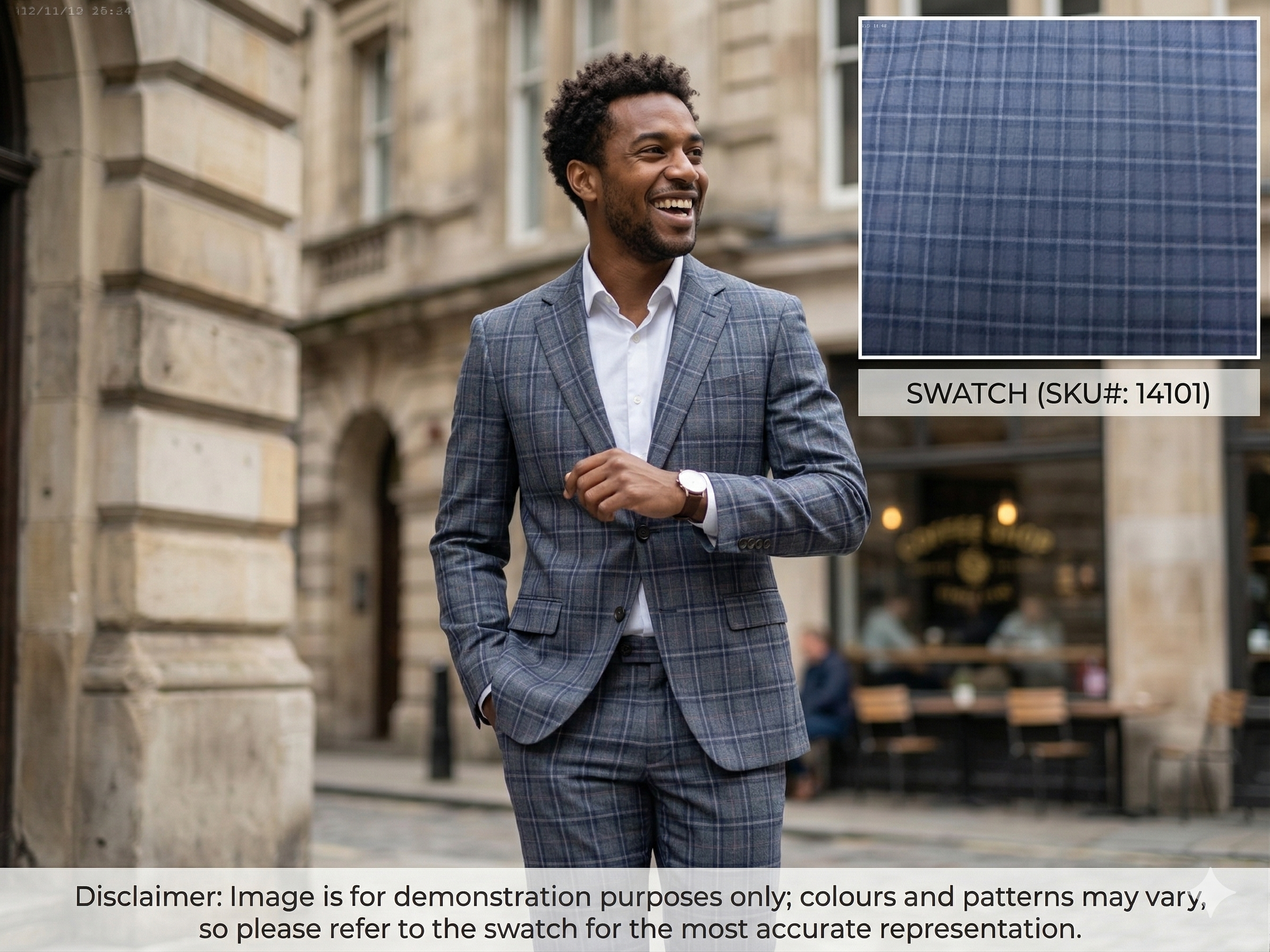 Man with Navy Sky Blue Windowpane Check Wool Suiting