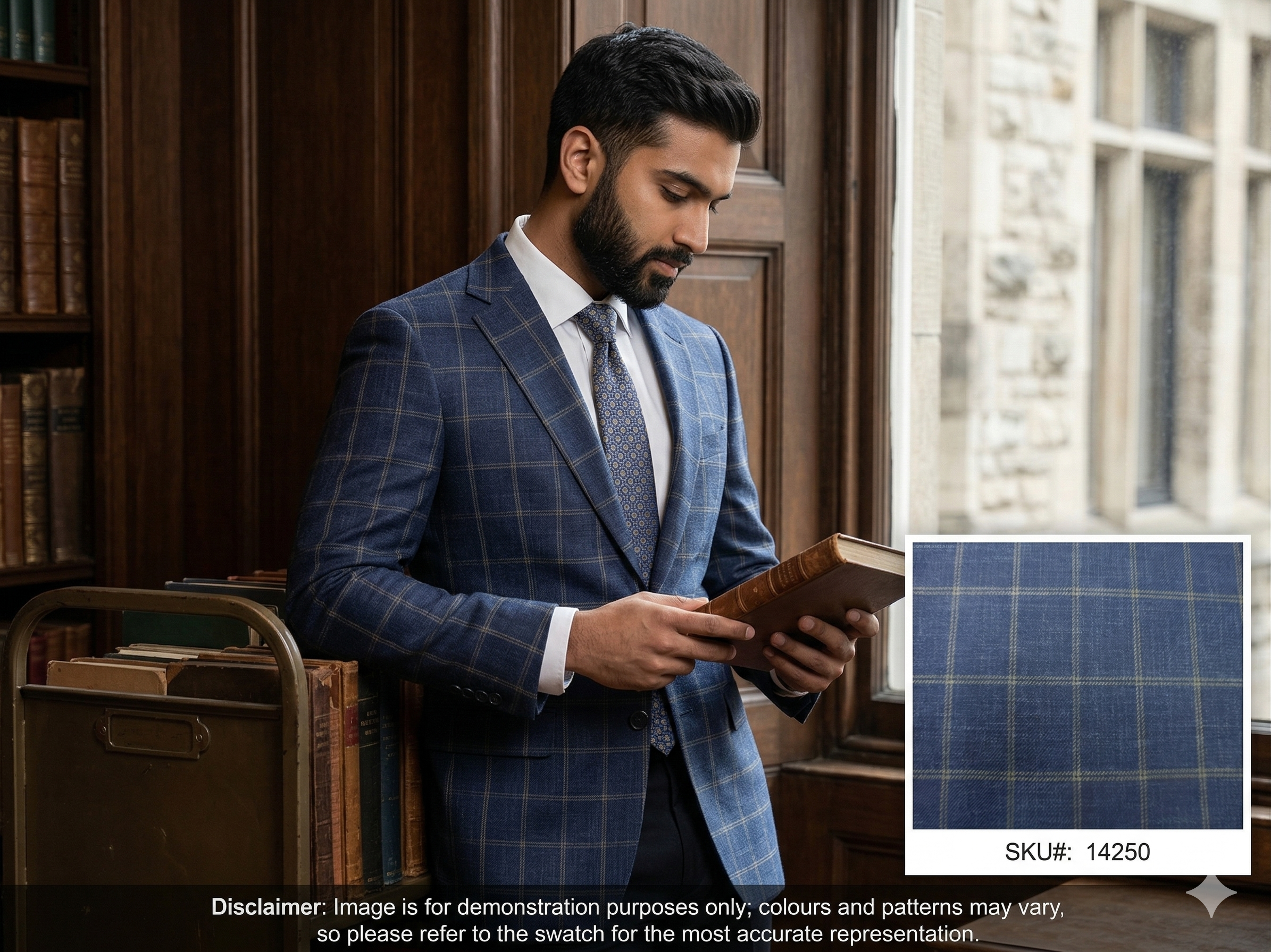 Man with Navy Taupe Check Wool Silk Blazer