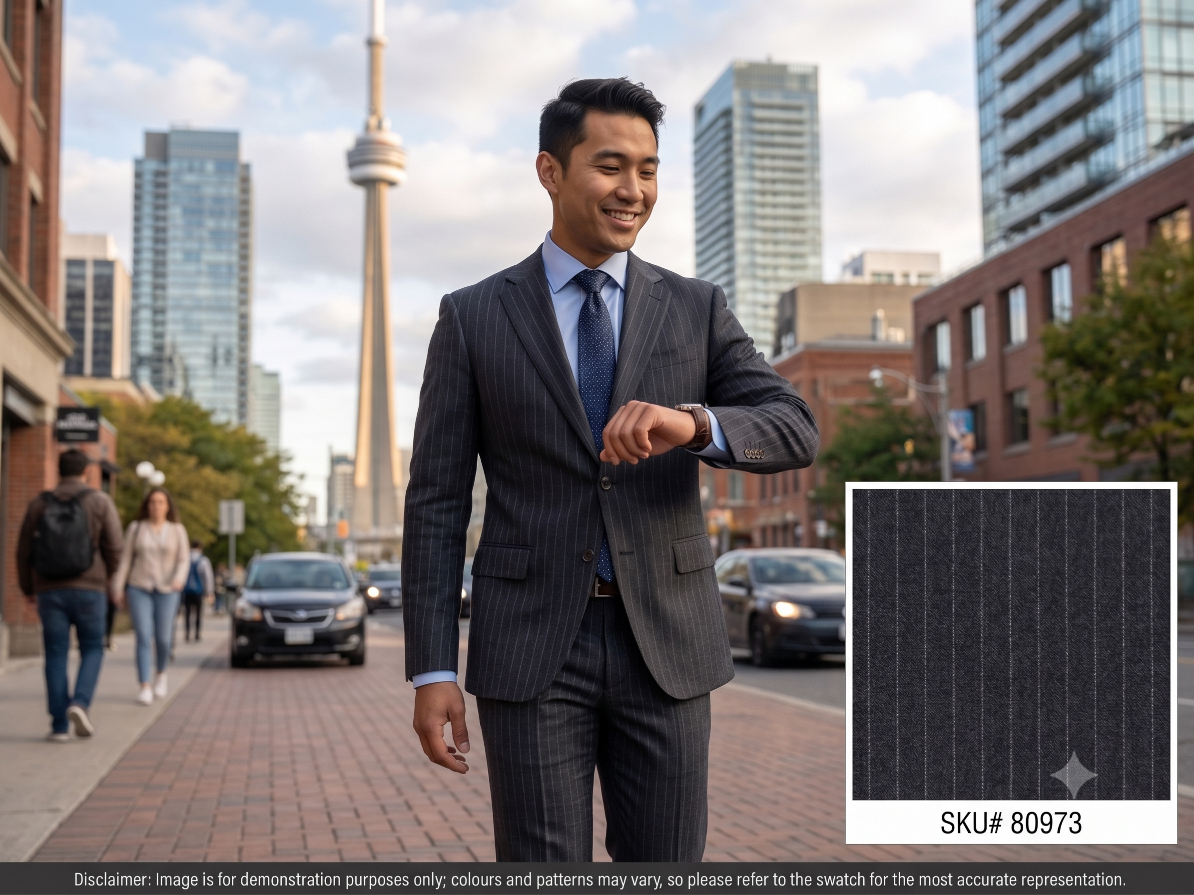 Man with Navy White Chalk Stripe Wool Suiting