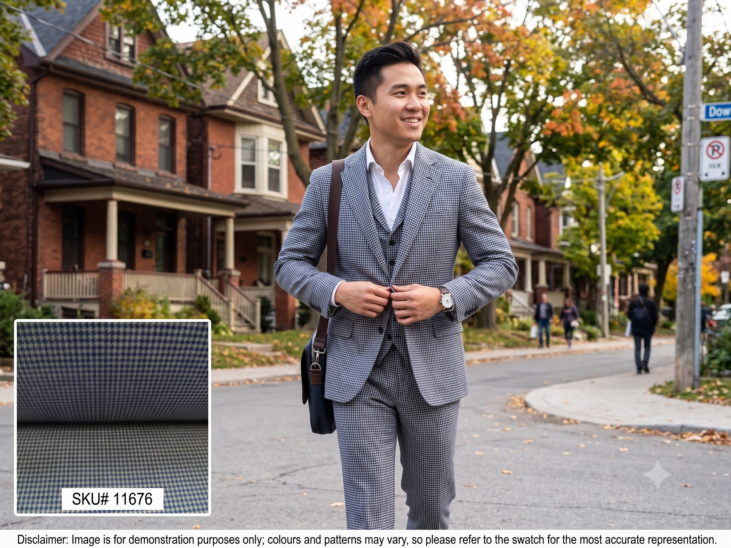 Man with Navy White Houndstooth Wool Suiting