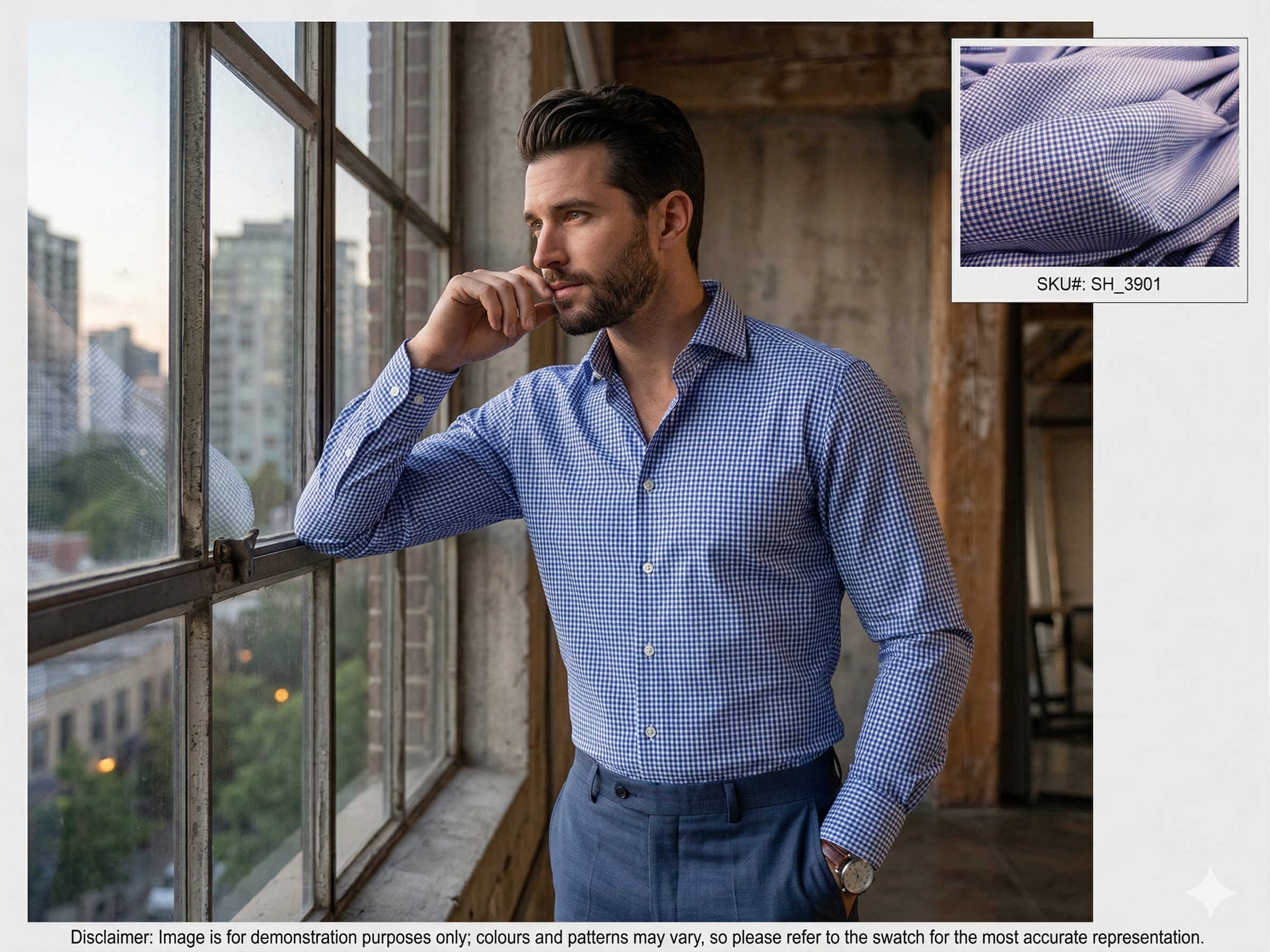Man with Navy White Micro Check Cotton Shirting
