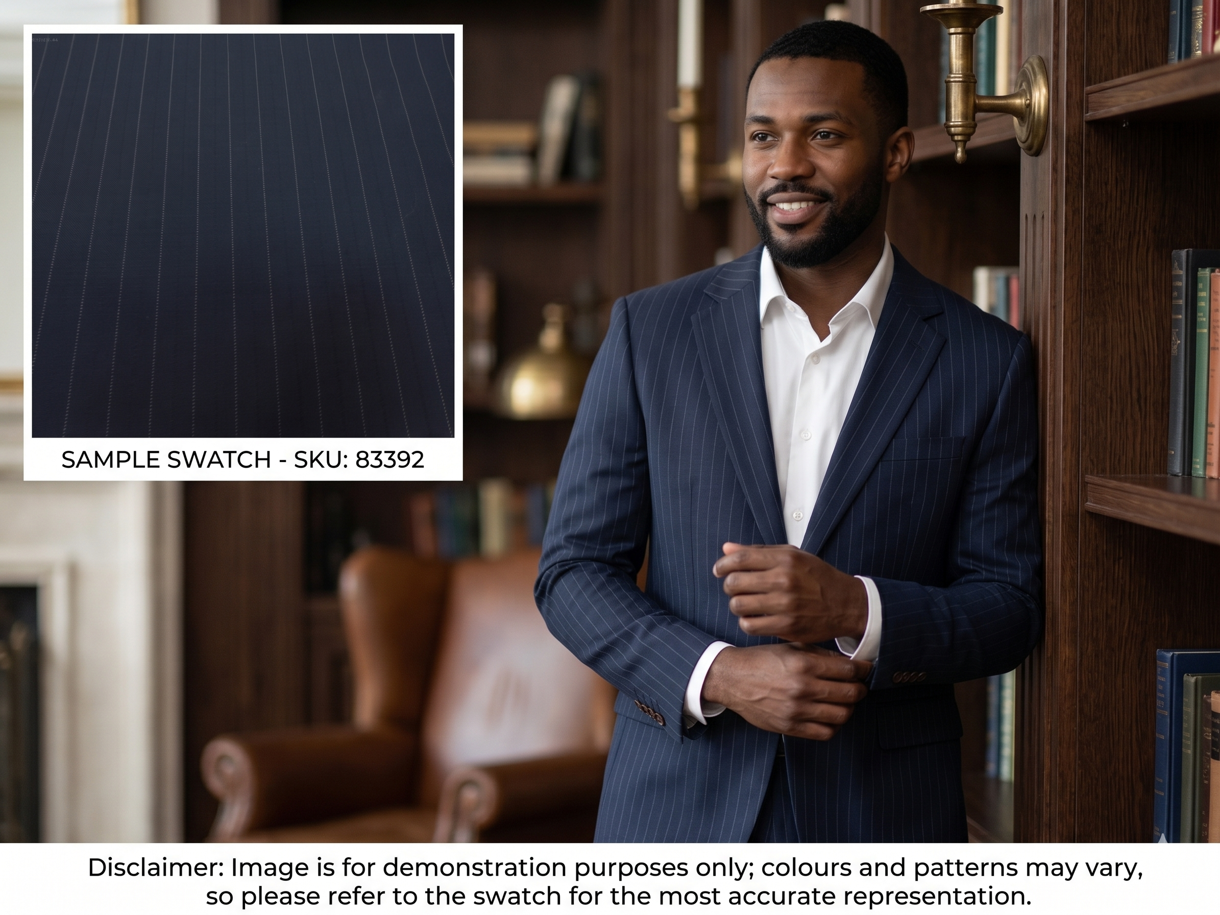 Man with Navy White Stripe Worsted Wool Suiting