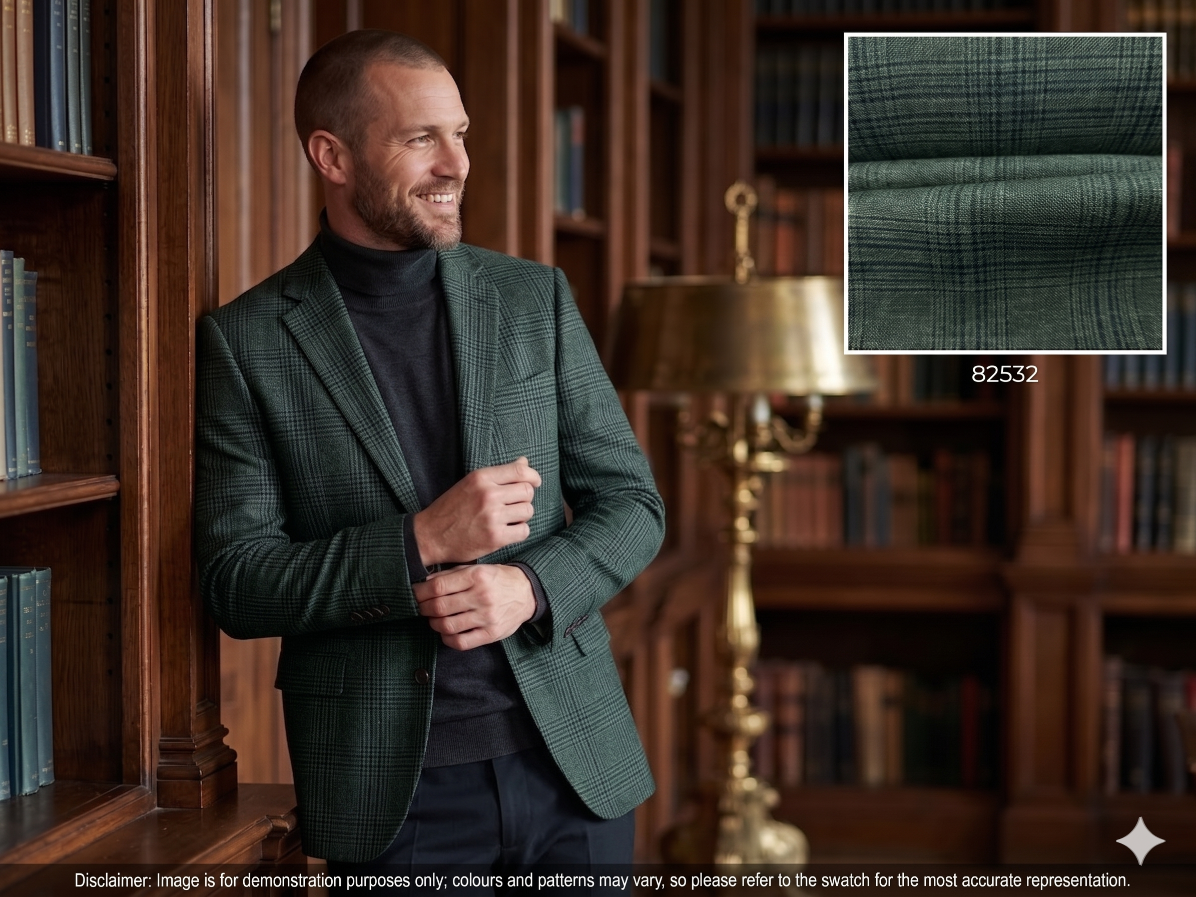 Man with Olive Green Blue Check Silk Wool Suiting