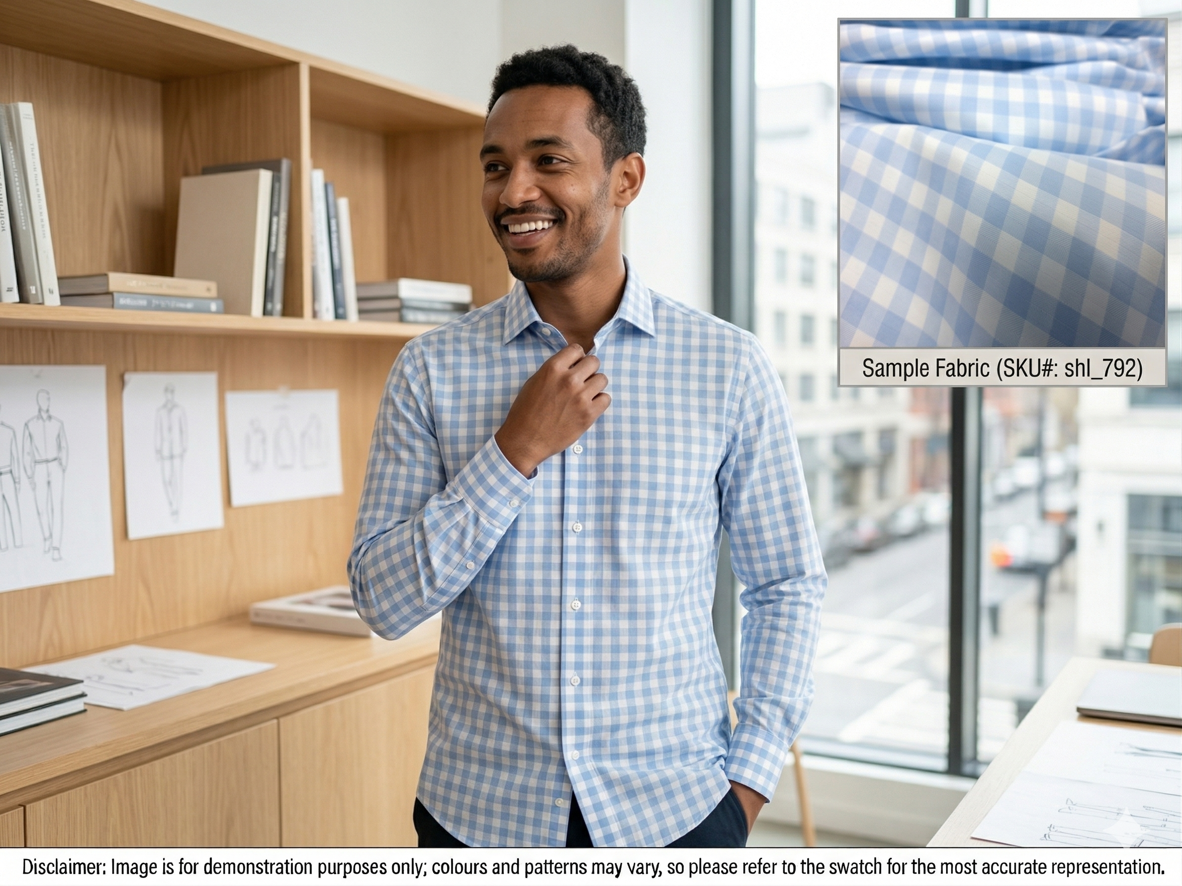 Man with Sky Blue White Check Cotton Shirting