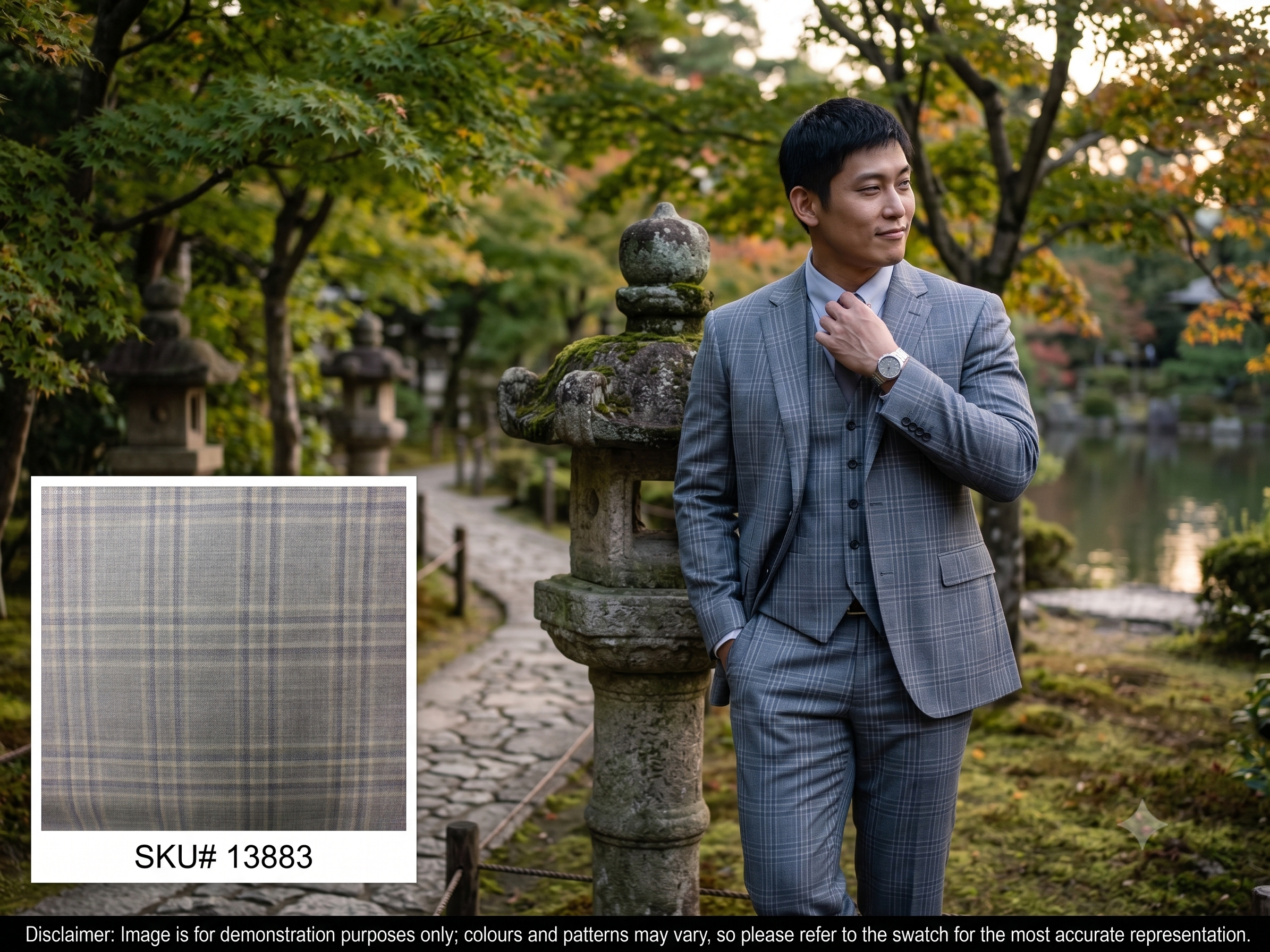 Man with Taupe Grey Check Worsted Wool Suiting