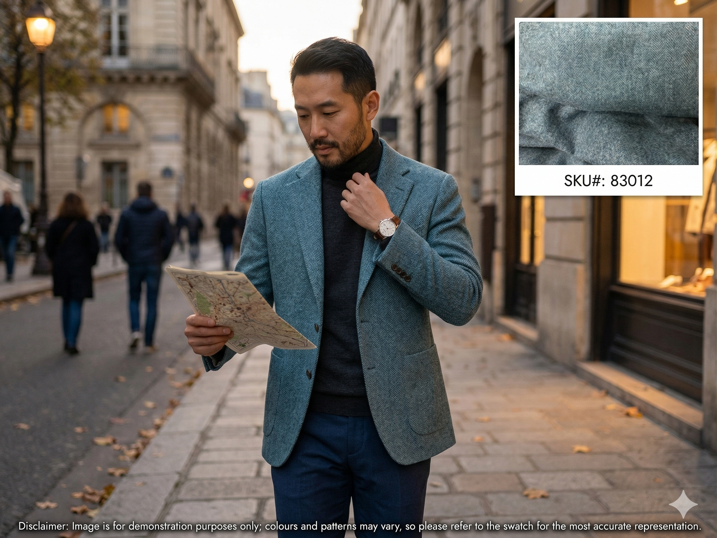 Man with Teal Blue Green Herringbone Cashmere Vicuna Silk Blazer