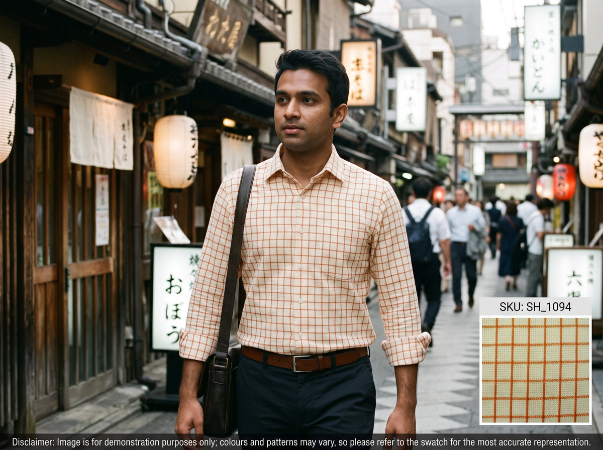 Orange White Checked Cotton Shirting
