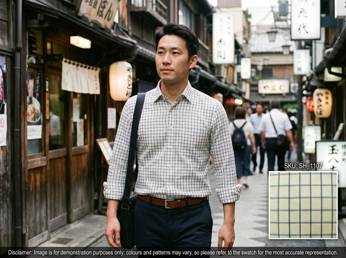 Navy White Check Cotton Shirting