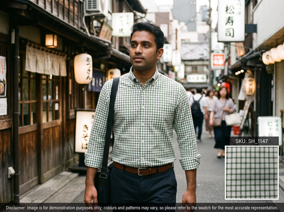 Emerald Green White Check Cotton Shirting