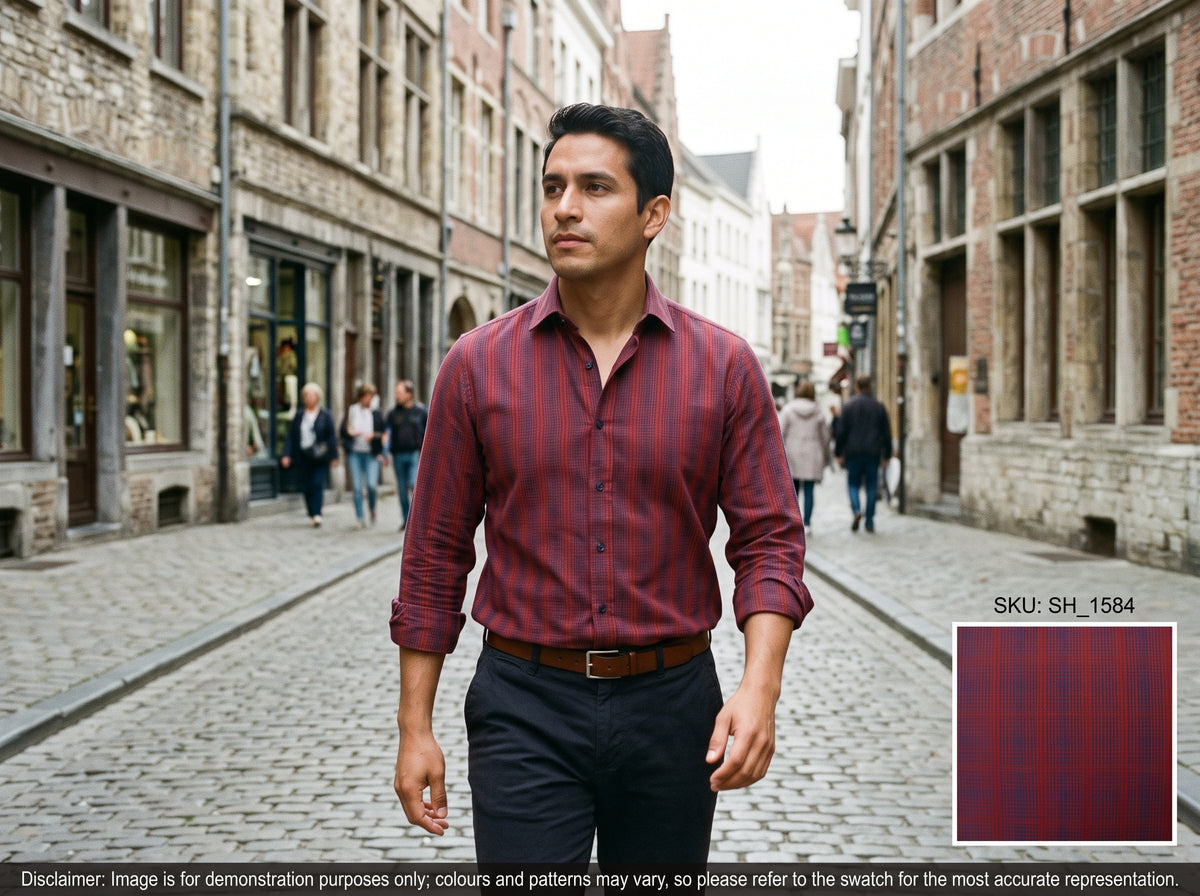 Navy Red Check Cotton Shirting