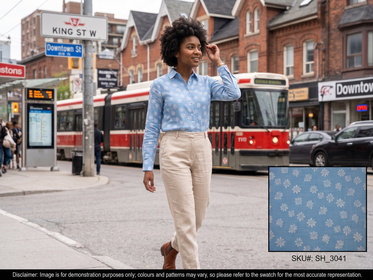 Blue White Floral Linen Shirting