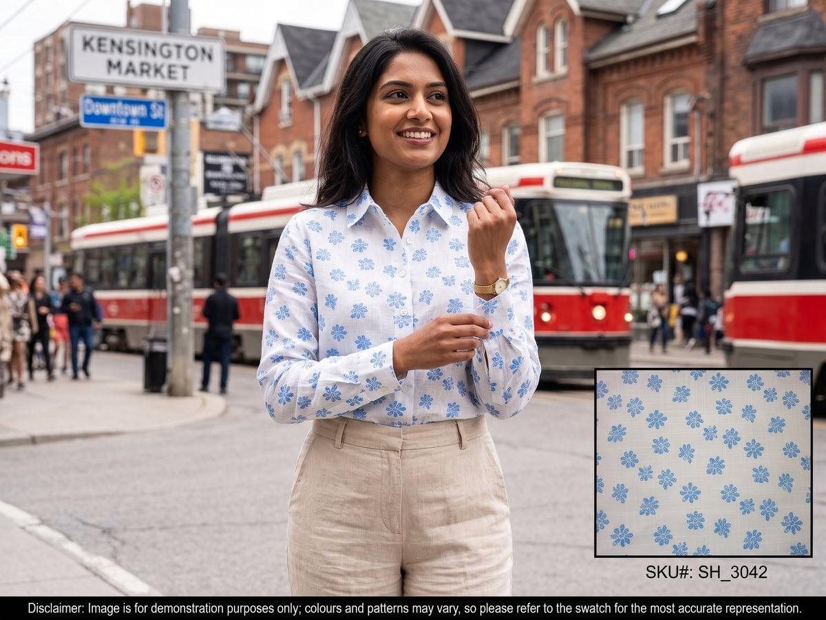 Blue White Floral Linen Shirting