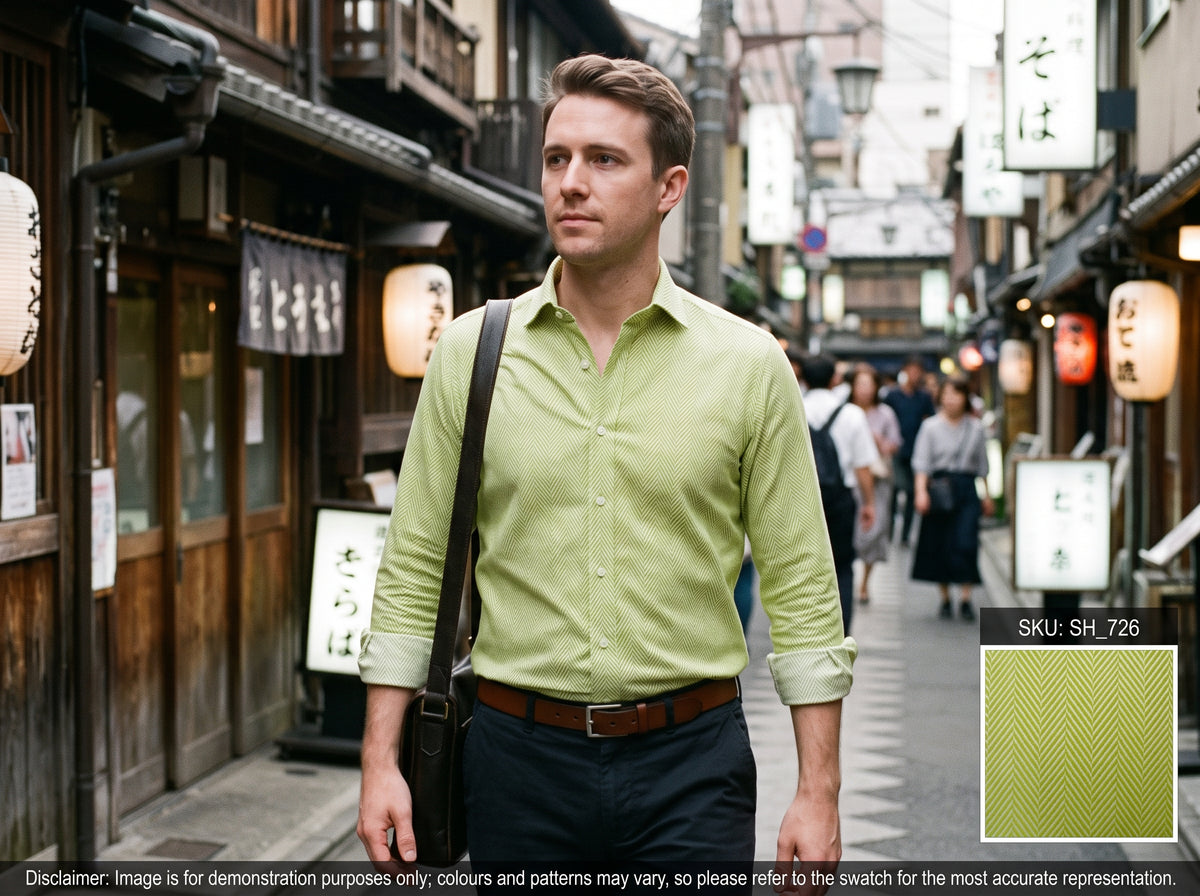 Olive Green White Herringbone Cotton Shirting