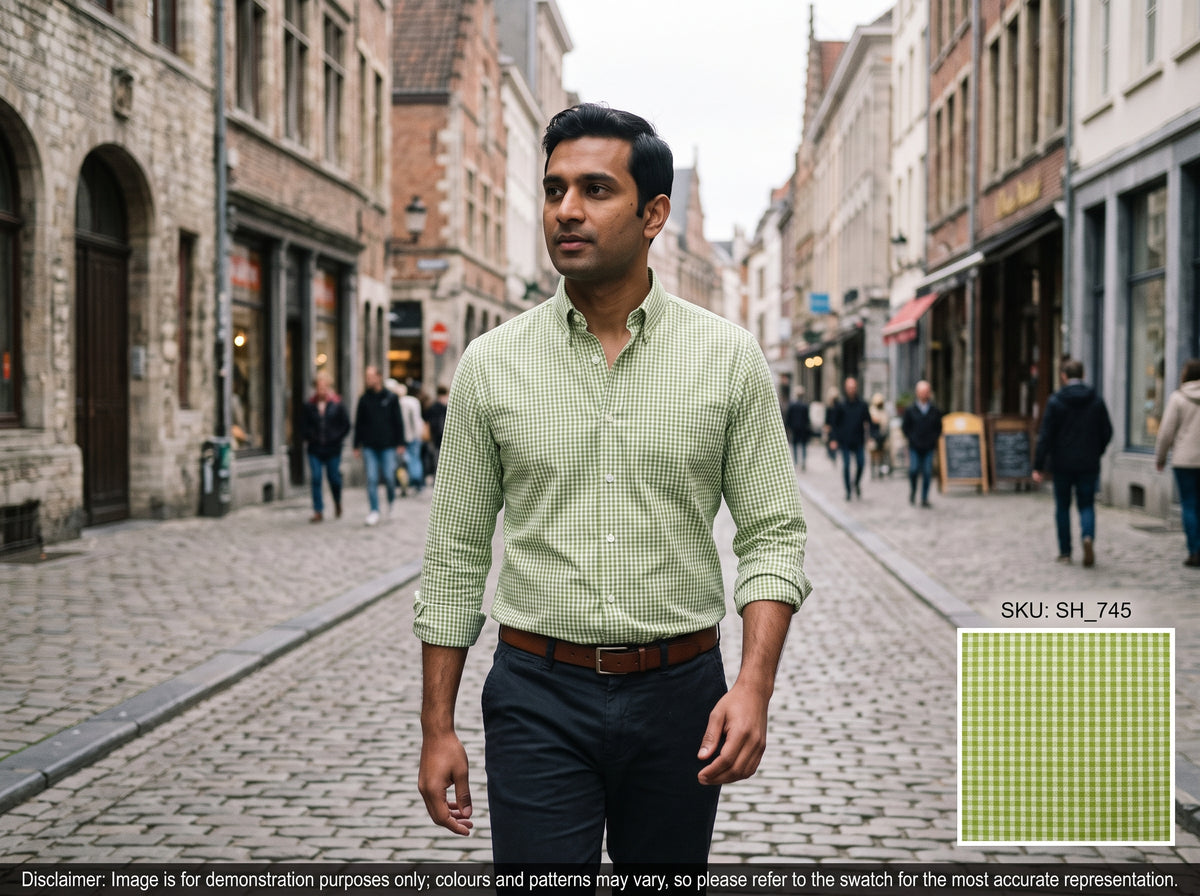 Moss Green White Check Cotton Shirting