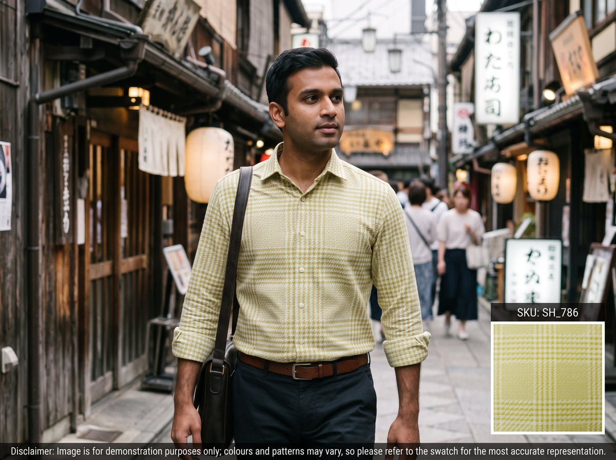 Yellow White Check Cotton Shirting