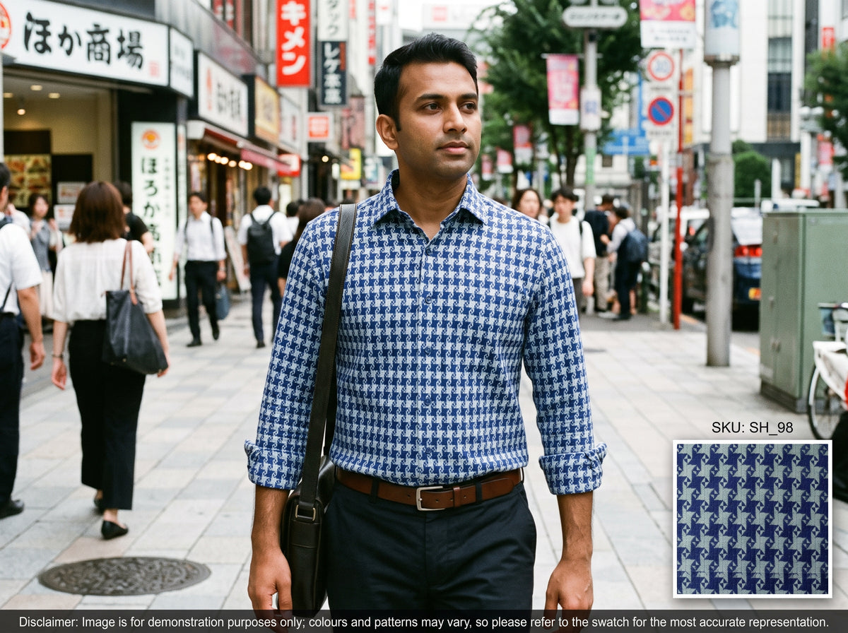 Blue Tonal Houndstooth Cotton Shirting