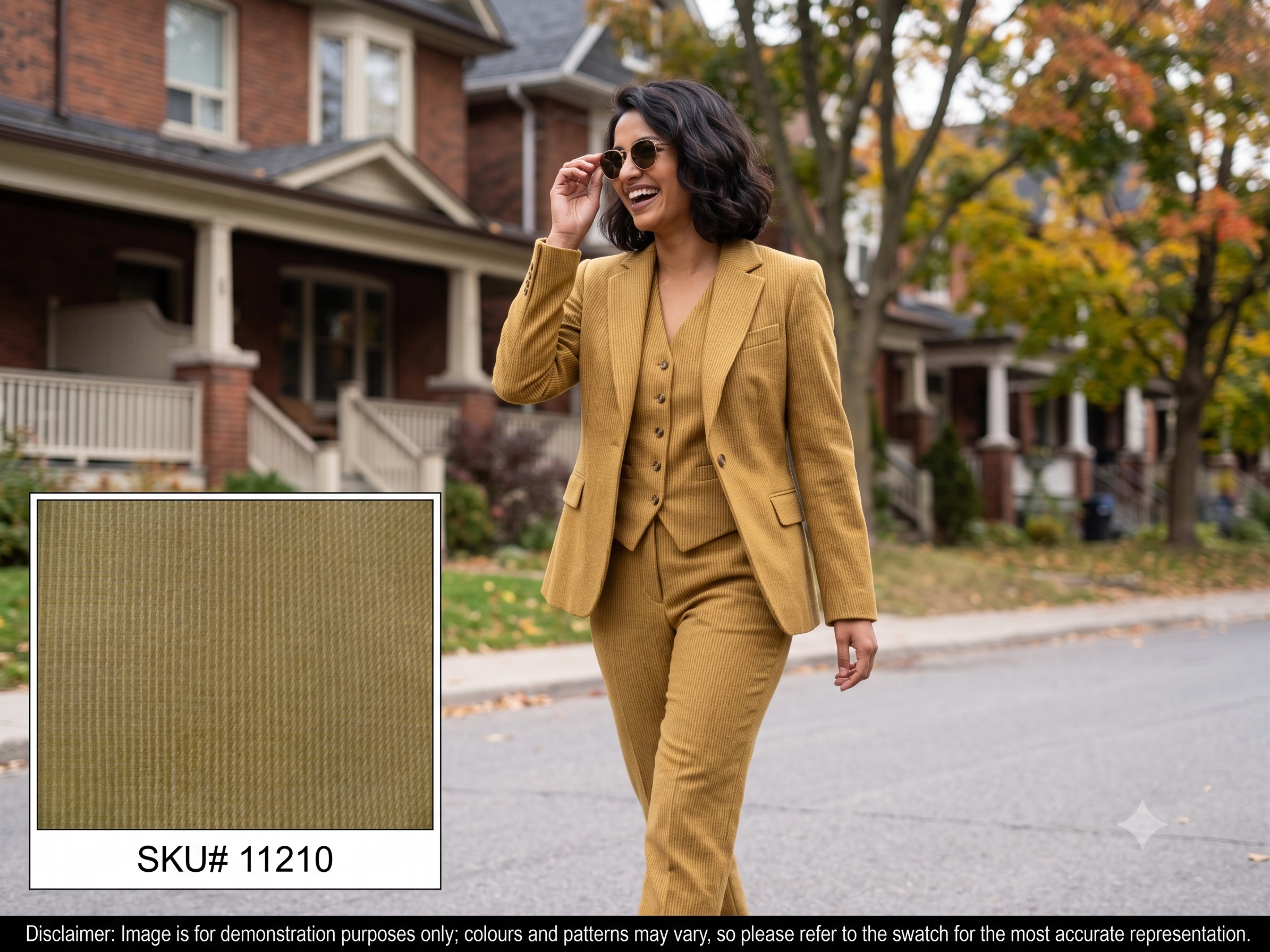 Woman with Beige Yellow Houndstooth Wool Suiting