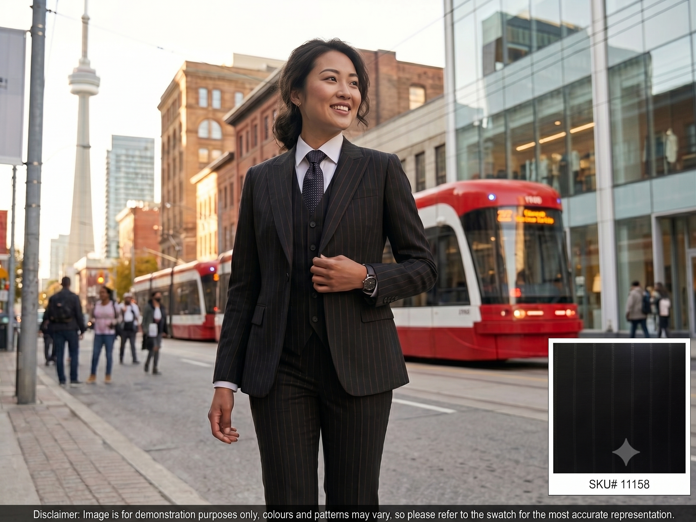 Woman with Black Blue Stripe Wool Suiting