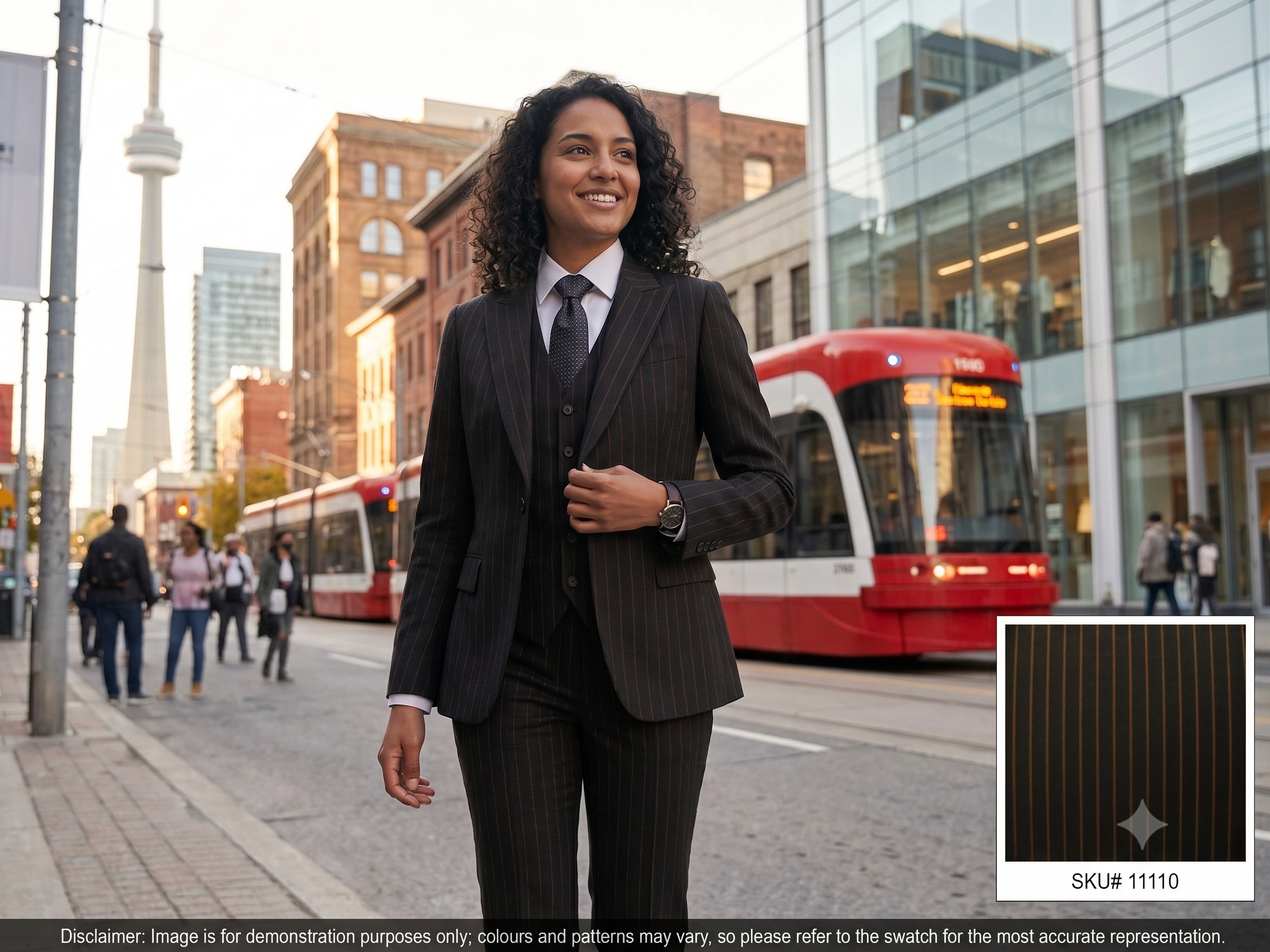 Woman with Black Gold Stripe Wool Suiting